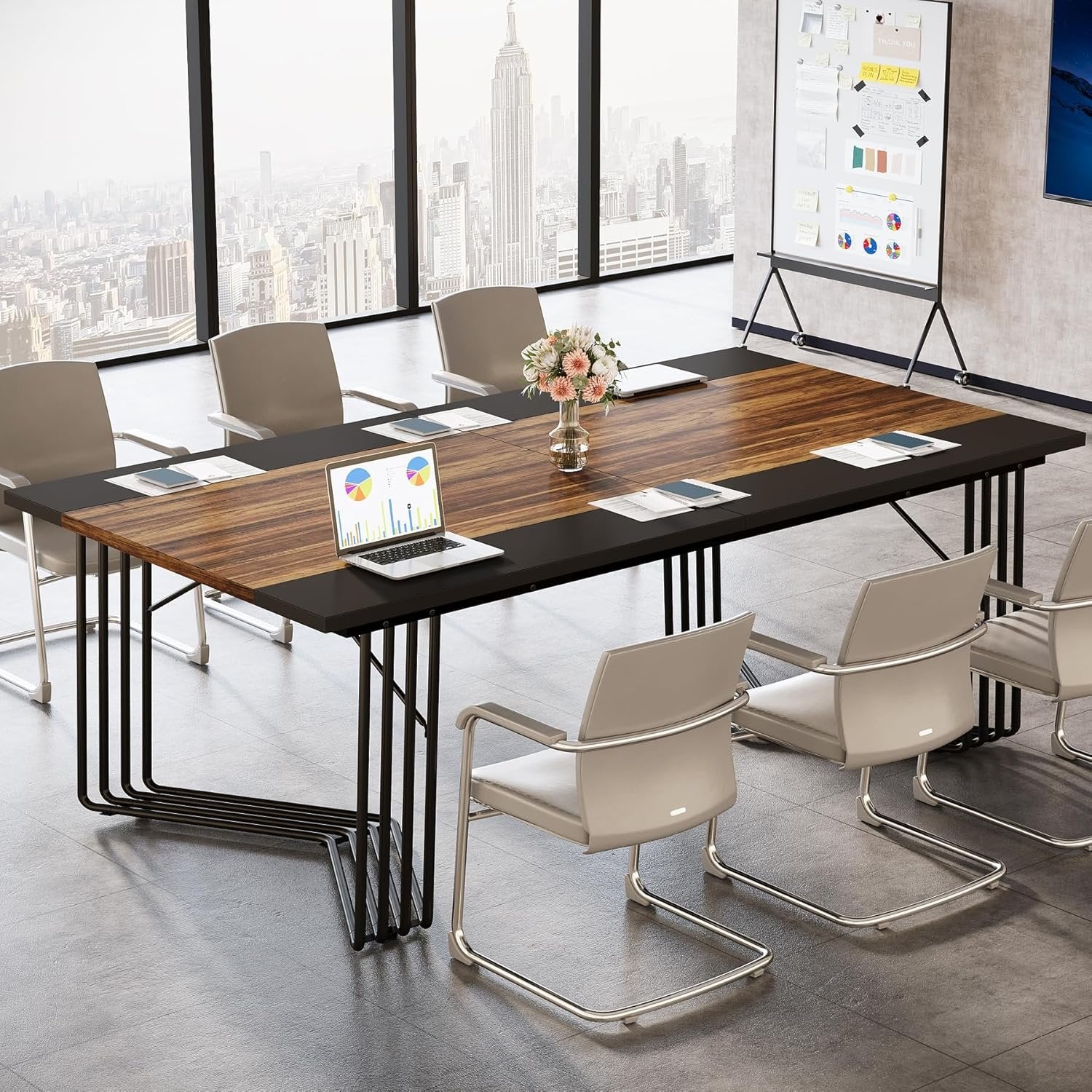 78.74" Large Meeting Table for 8-10 People, Business Wooden Training Table with Strong Metal Frame for Office Conference