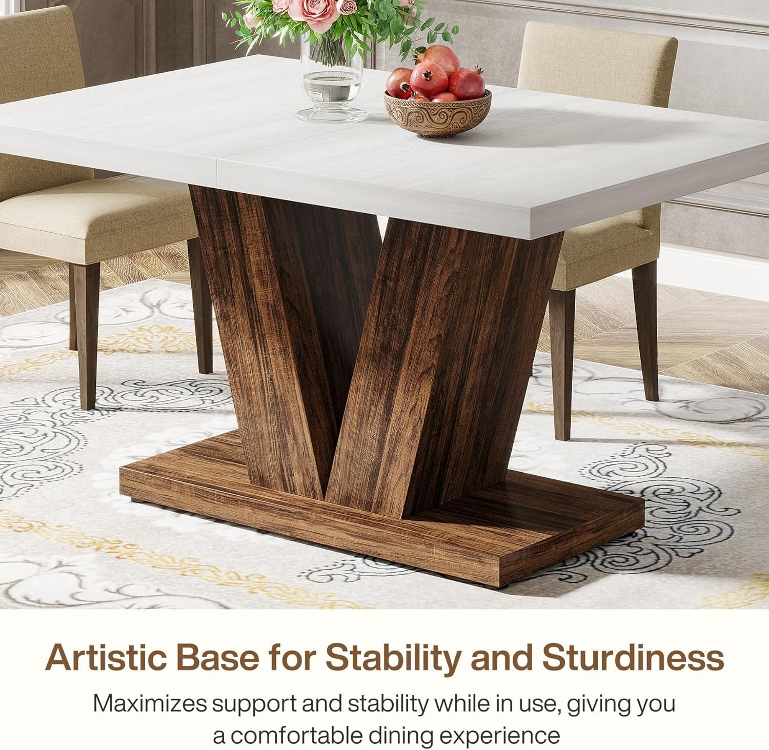 47" Dining Table, Farmhouse Wooden Kitchen Dinner Table with Duty Pedestal