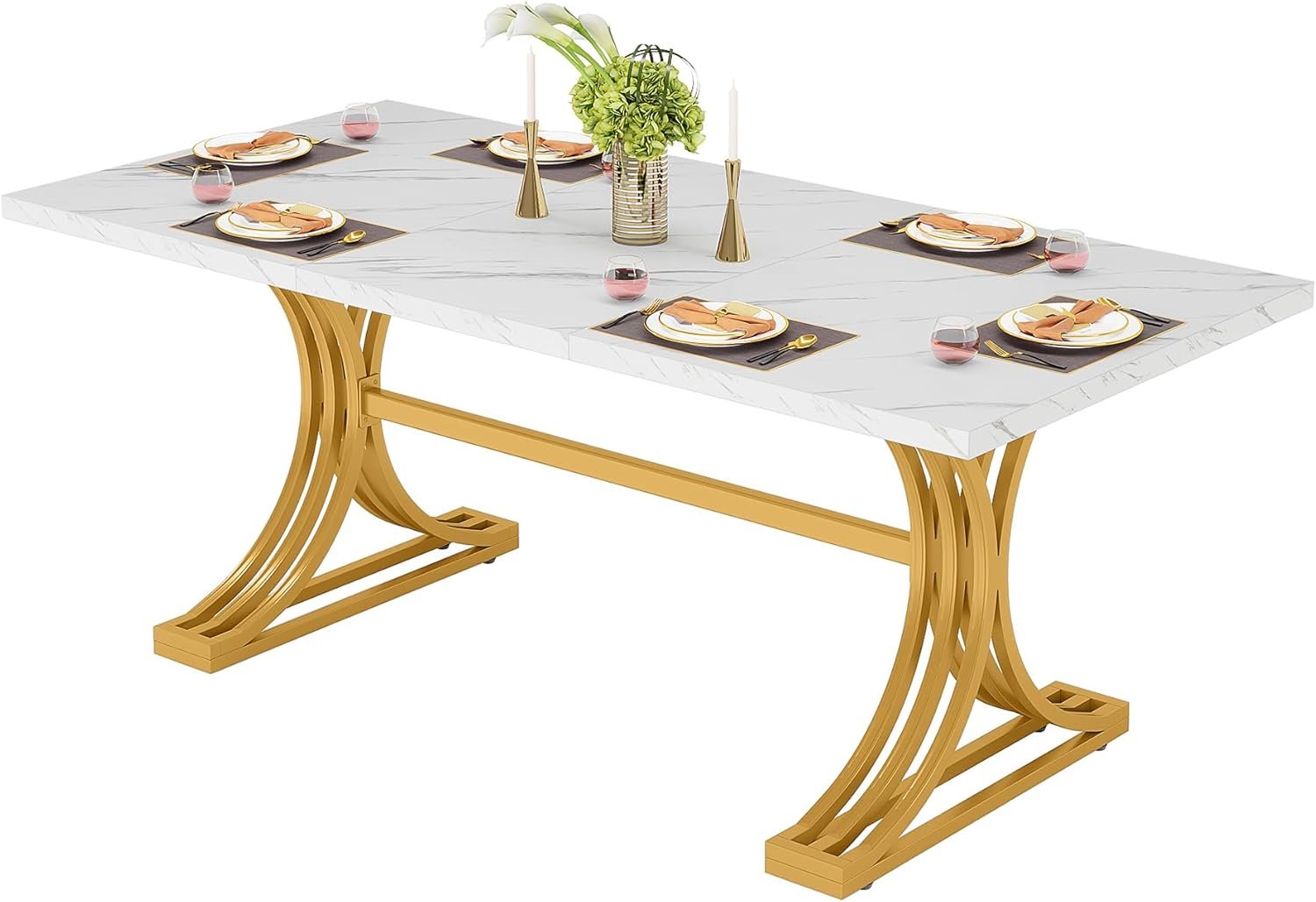 63" Faux Marble Dining Table, Sophisticated White and Gold Design with Metal Leg
