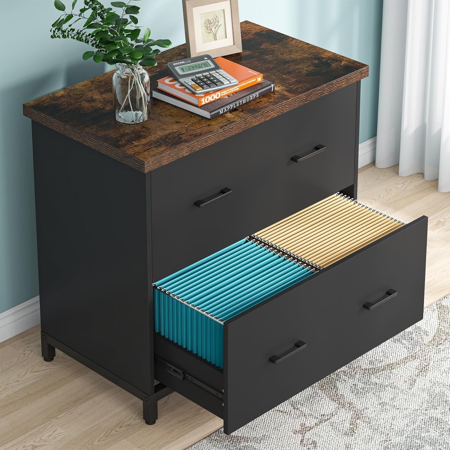 2-Drawer Wooden File Cabinet, Compact Lateral Organizer for A4 and Letter Sizes