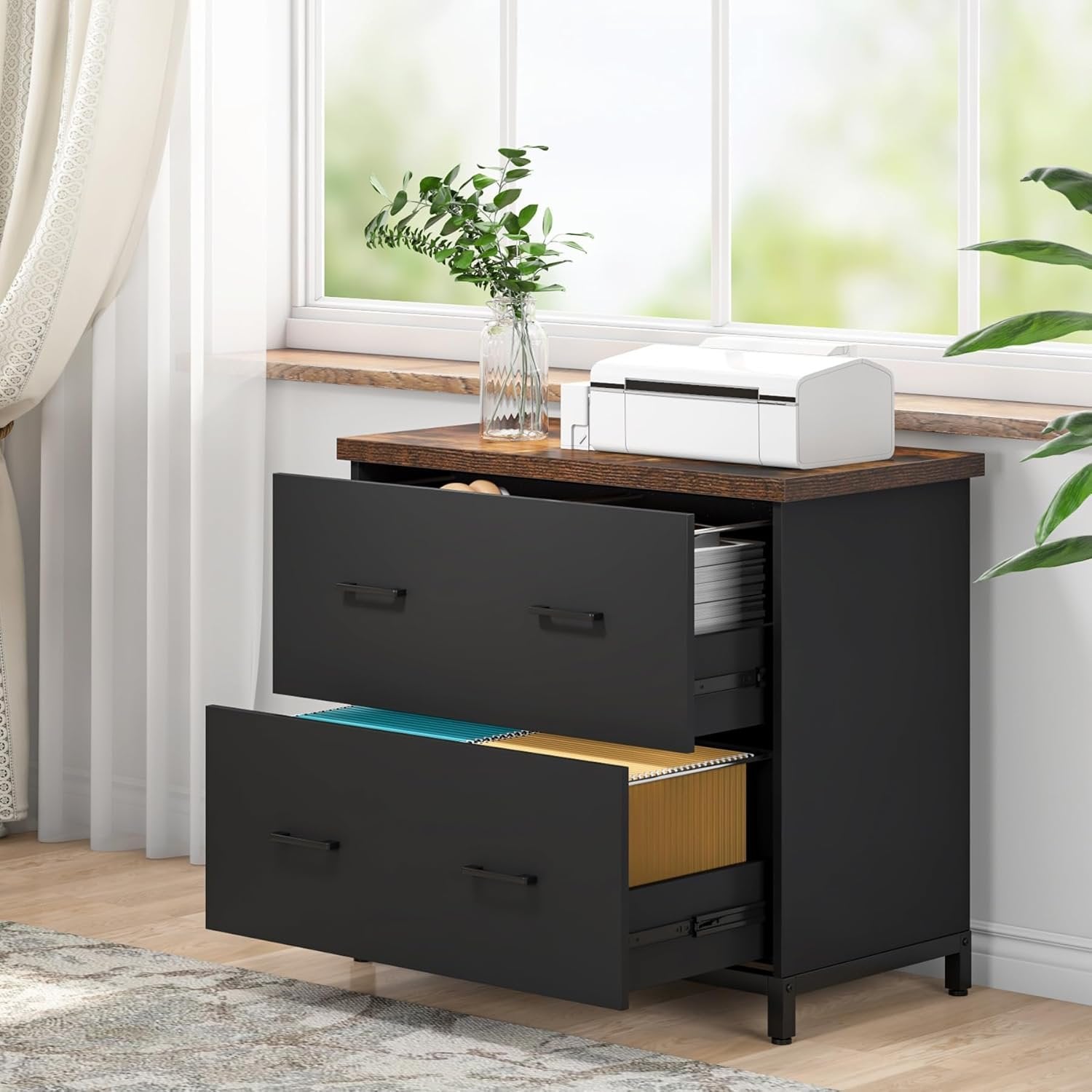 2-Drawer Wooden File Cabinet, Compact Lateral Organizer for A4 and Letter Sizes