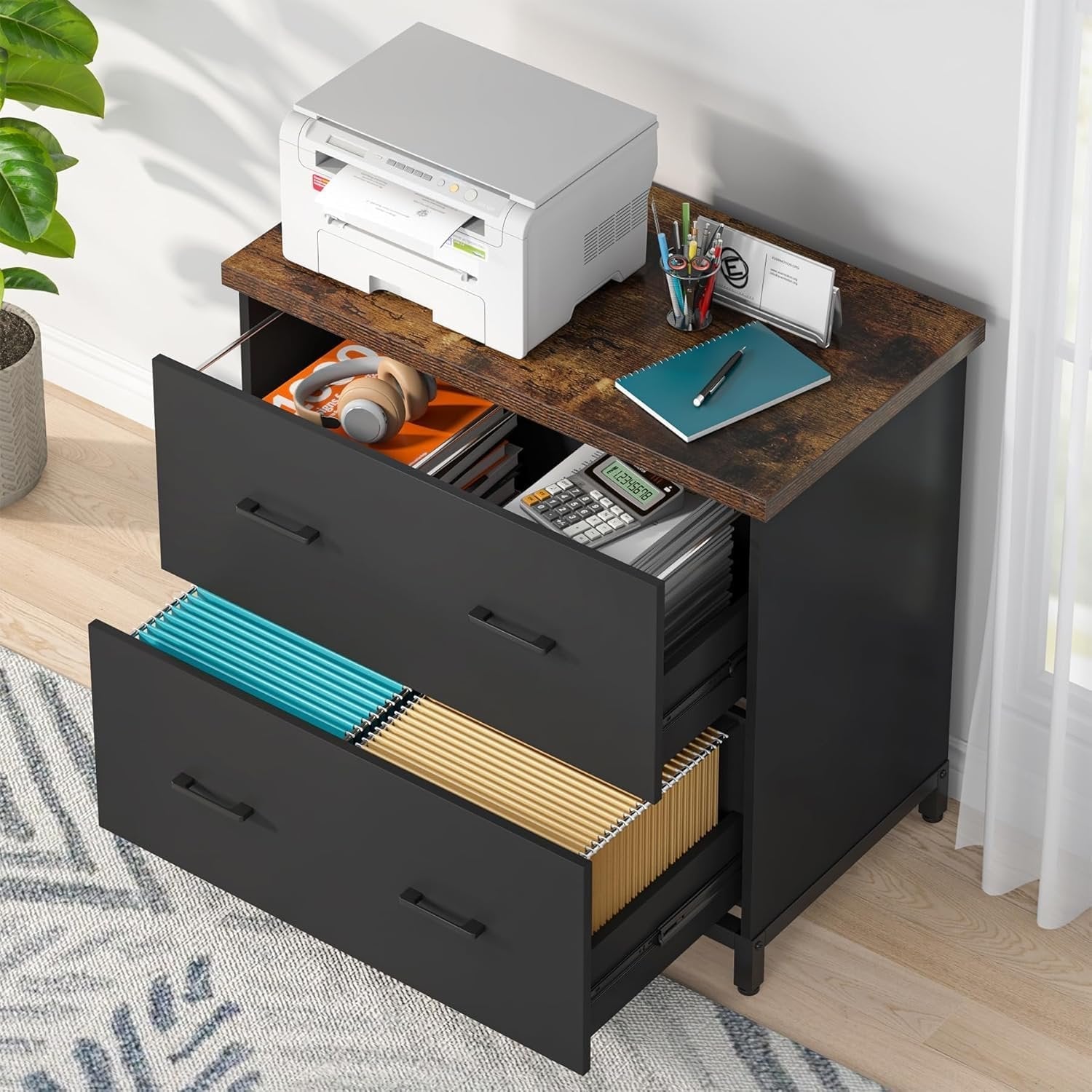 2-Drawer Wooden File Cabinet, Compact Lateral Organizer for A4 and Letter Sizes