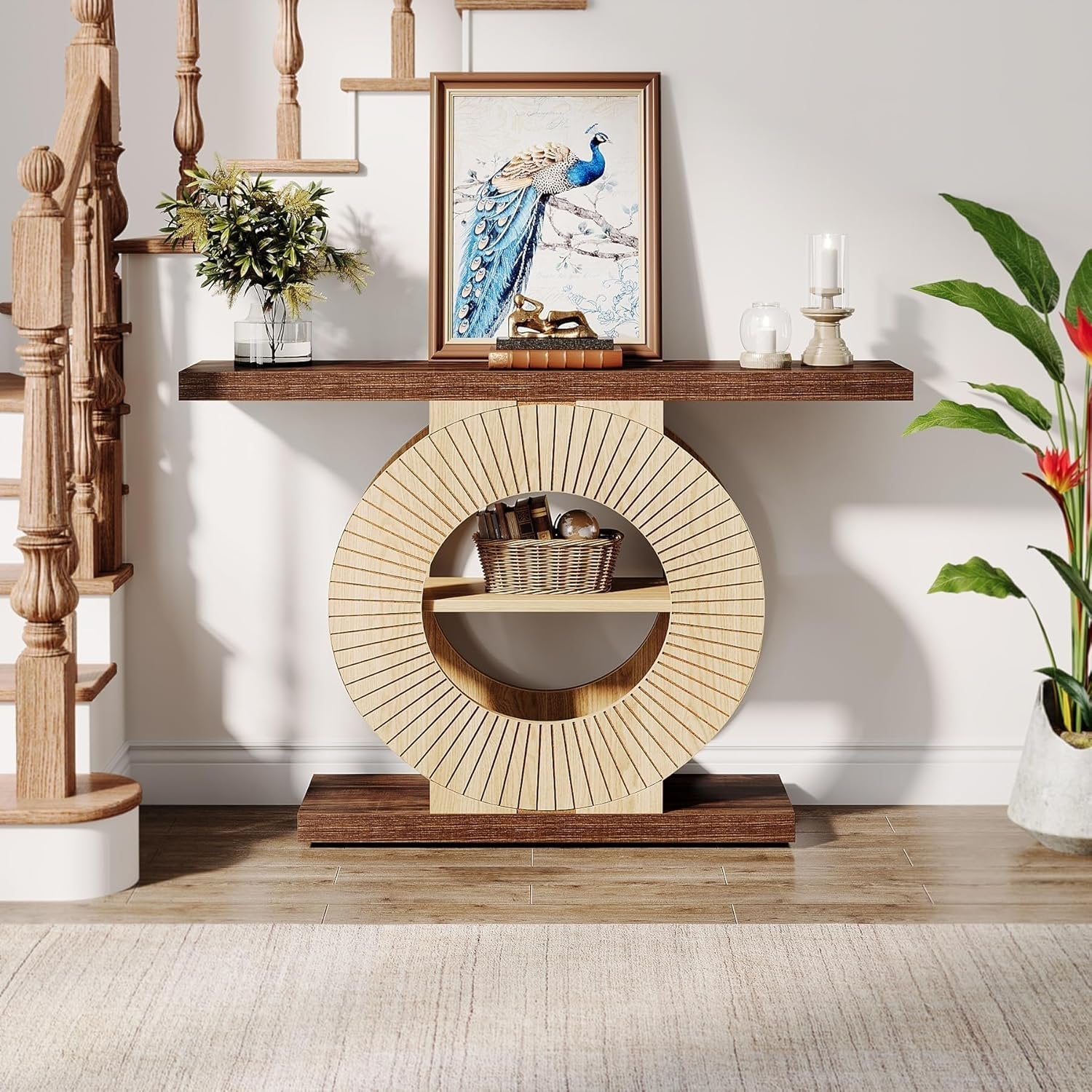 39“ Console Table with Storage Shelves, Entryway Sofa Table with Circular Base