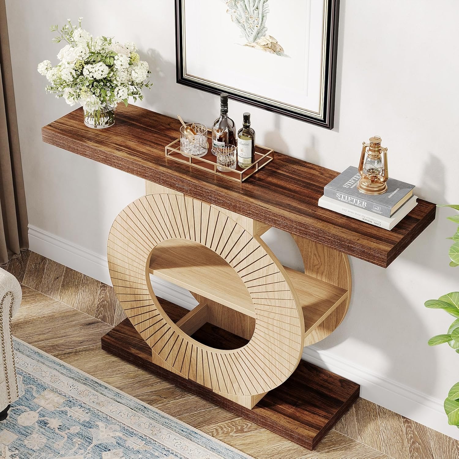 39“ Console Table with Storage Shelves, Entryway Sofa Table with Circular Base