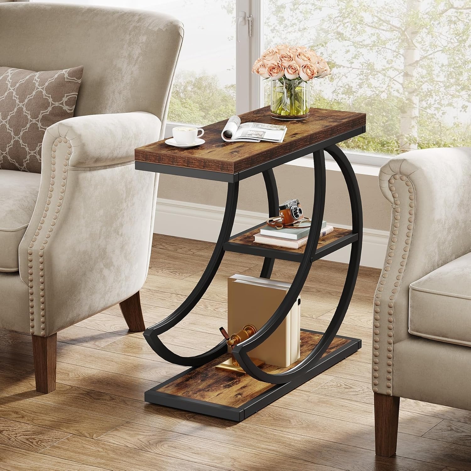 Small Side Table with Storage, Farmhouse Moon Shaped Accent Table