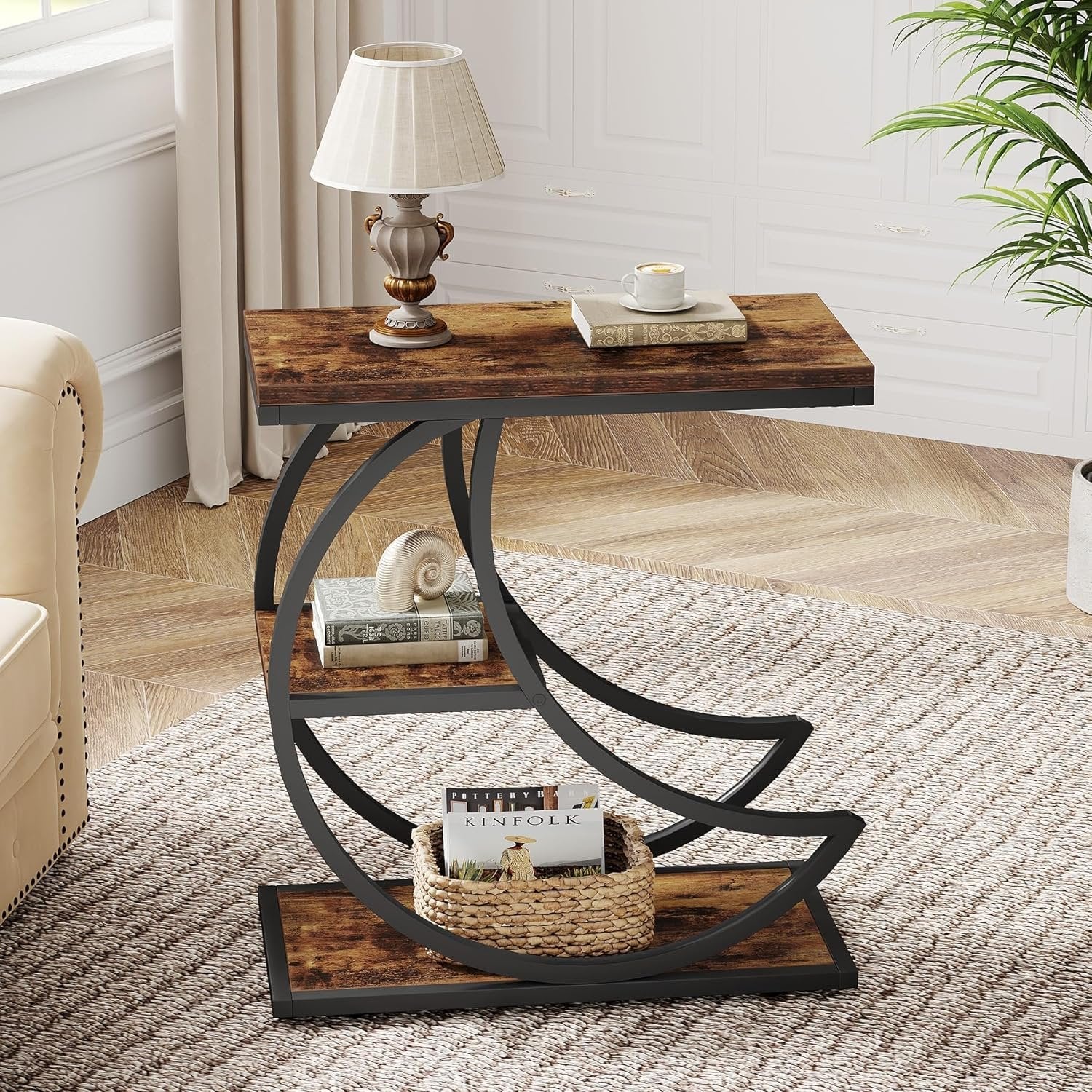 Small Side Table with Storage, Farmhouse Moon Shaped Accent Table