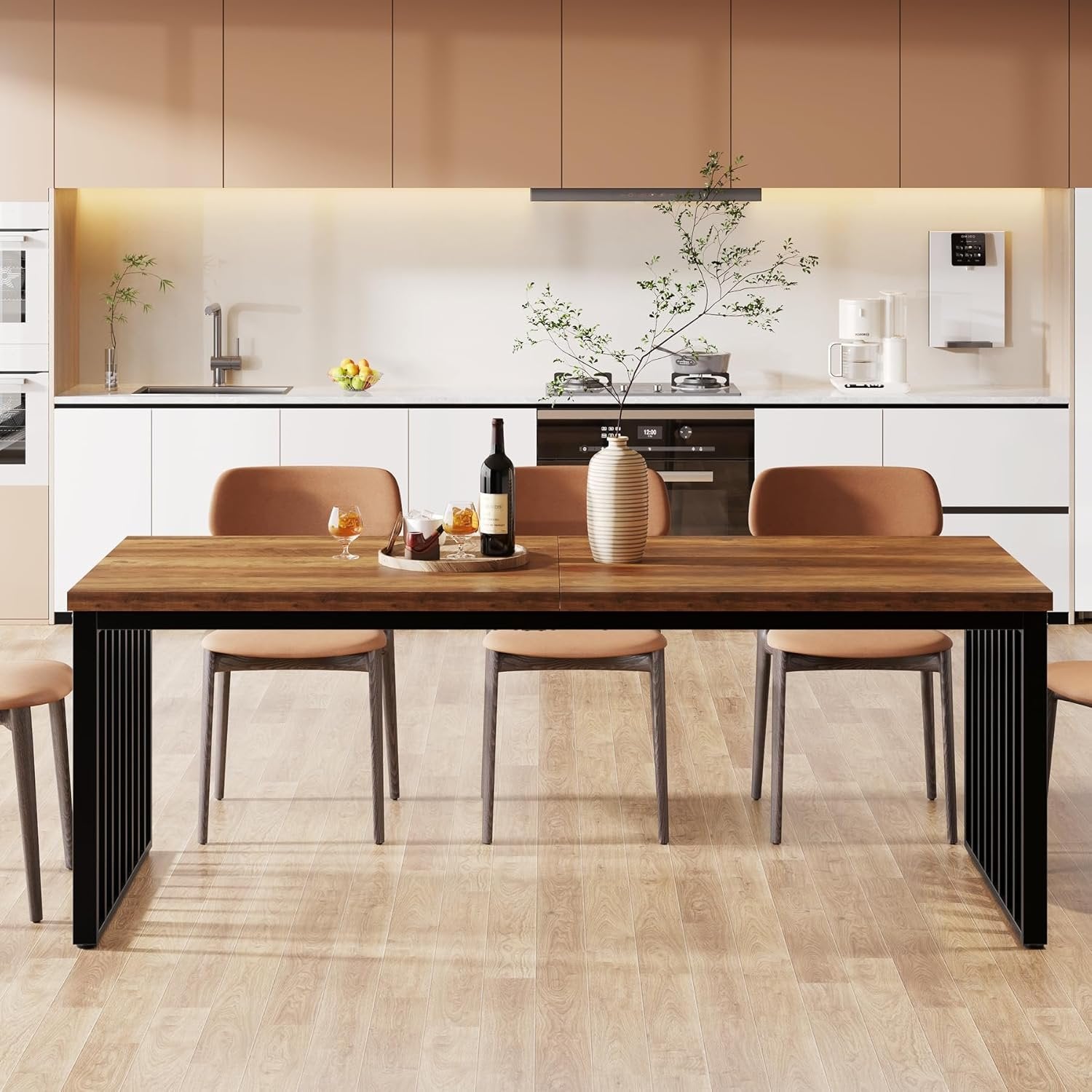 71" Modern Industrial Dining Table for 8, Long Farmhouse Kitchen Table with Metal Frame