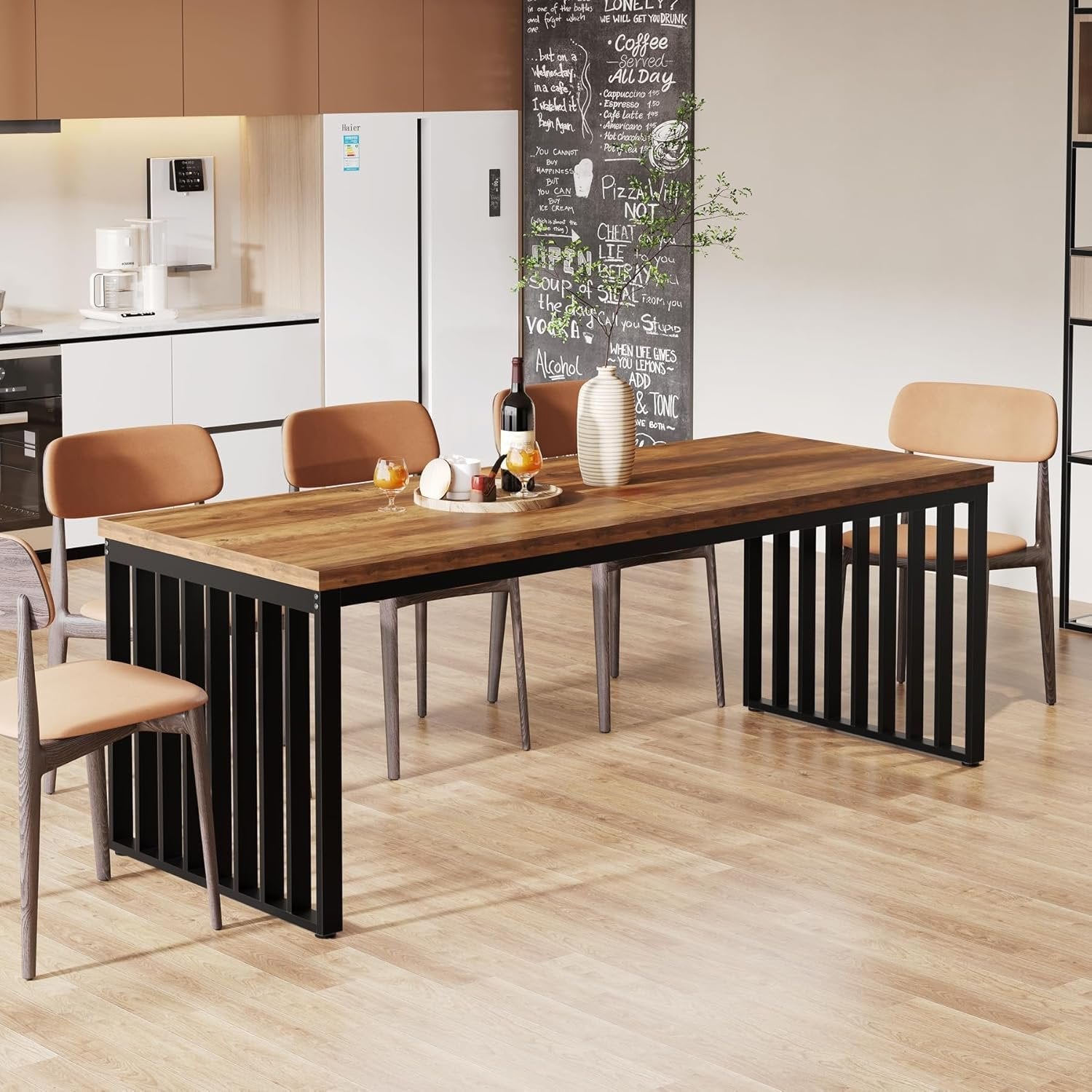71" Modern Industrial Dining Table for 8, Long Farmhouse Kitchen Table with Metal Frame