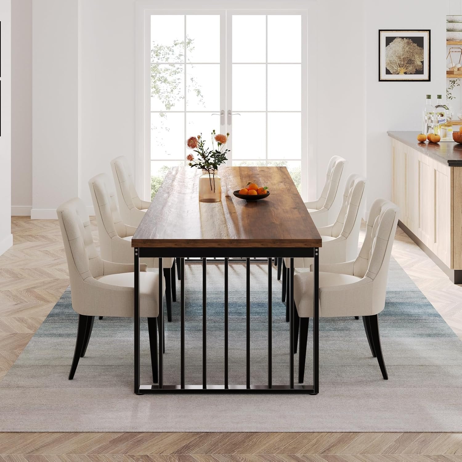 71" Modern Industrial Dining Table for 8, Long Farmhouse Kitchen Table with Metal Frame