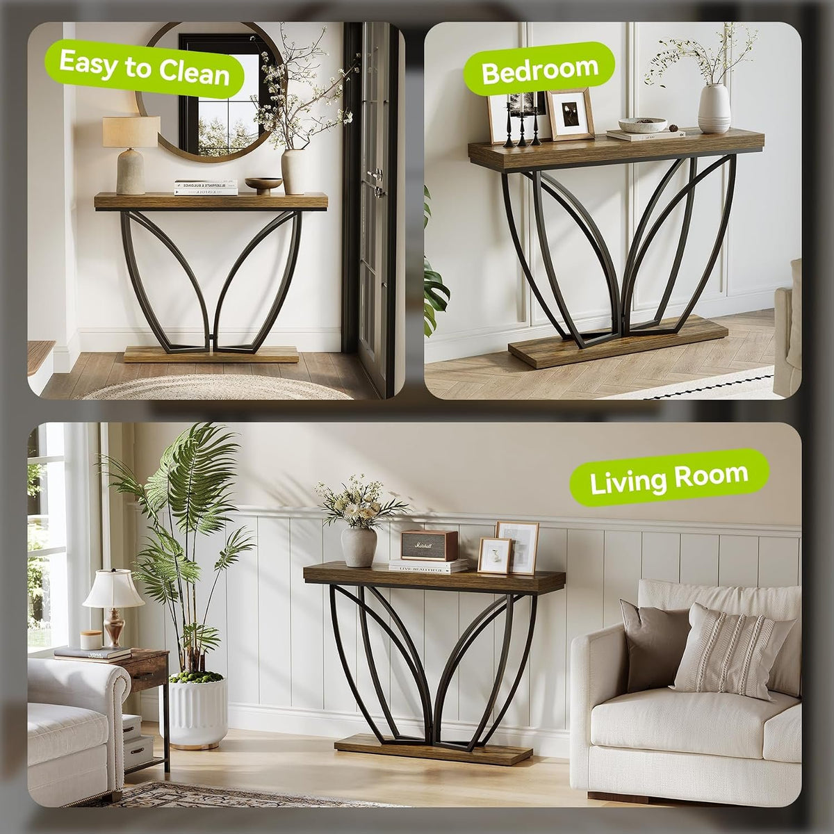 105cm Console Table, Narrow Industrial Rustic Brown Metal Frame for Living Room