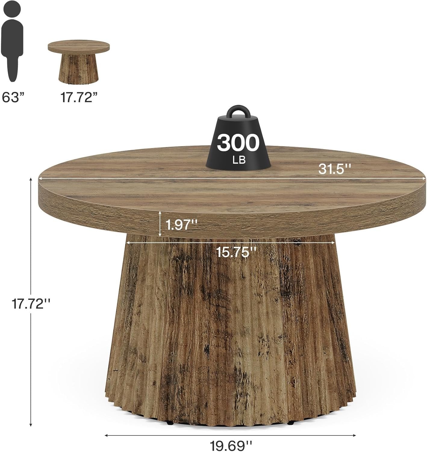 31.5" Round Fluted Coffee Table, Minimalist Wood Grain Center Piece for Small Spaces