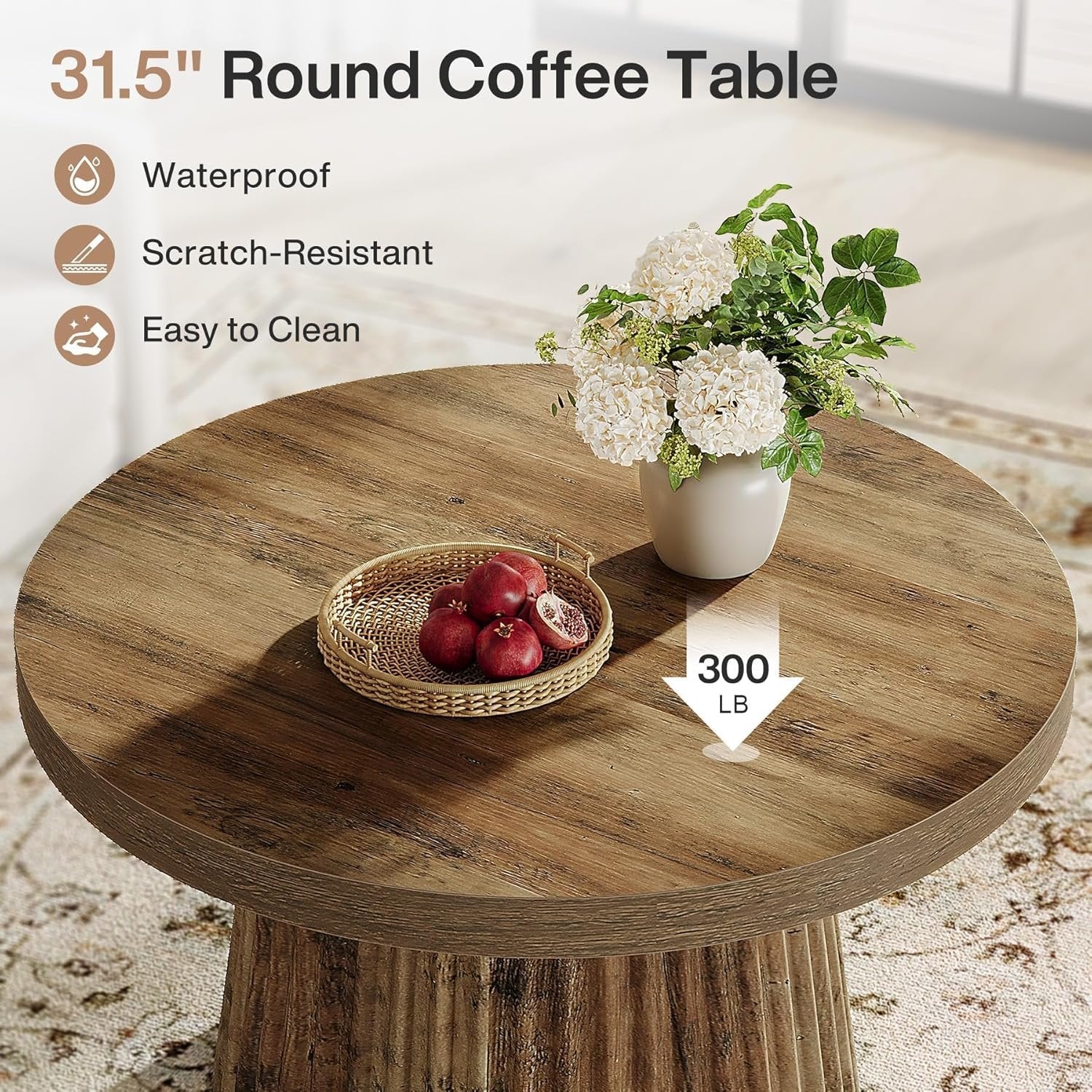 31.5" Round Fluted Coffee Table, Minimalist Wood Grain Center Piece for Small Spaces