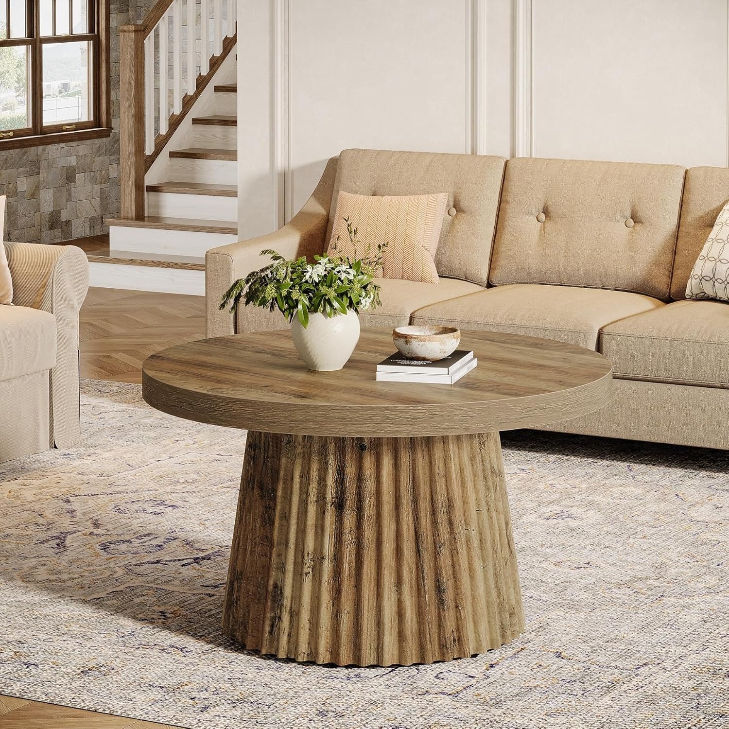 31.5" Round Fluted Coffee Table, Minimalist Wood Grain Center Piece for Small Spaces