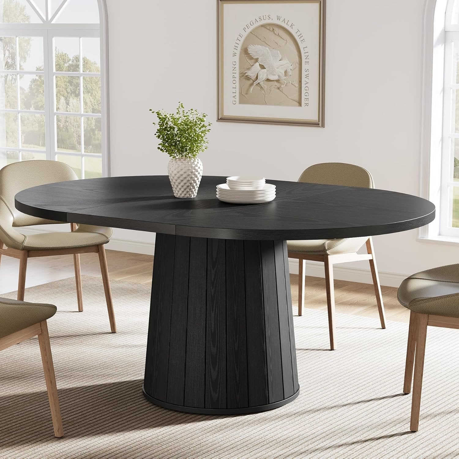 55.11" Oval Dining Table for 6 People, Farmhouse Kitchen Dinner Table with Cylindrical Pedestal