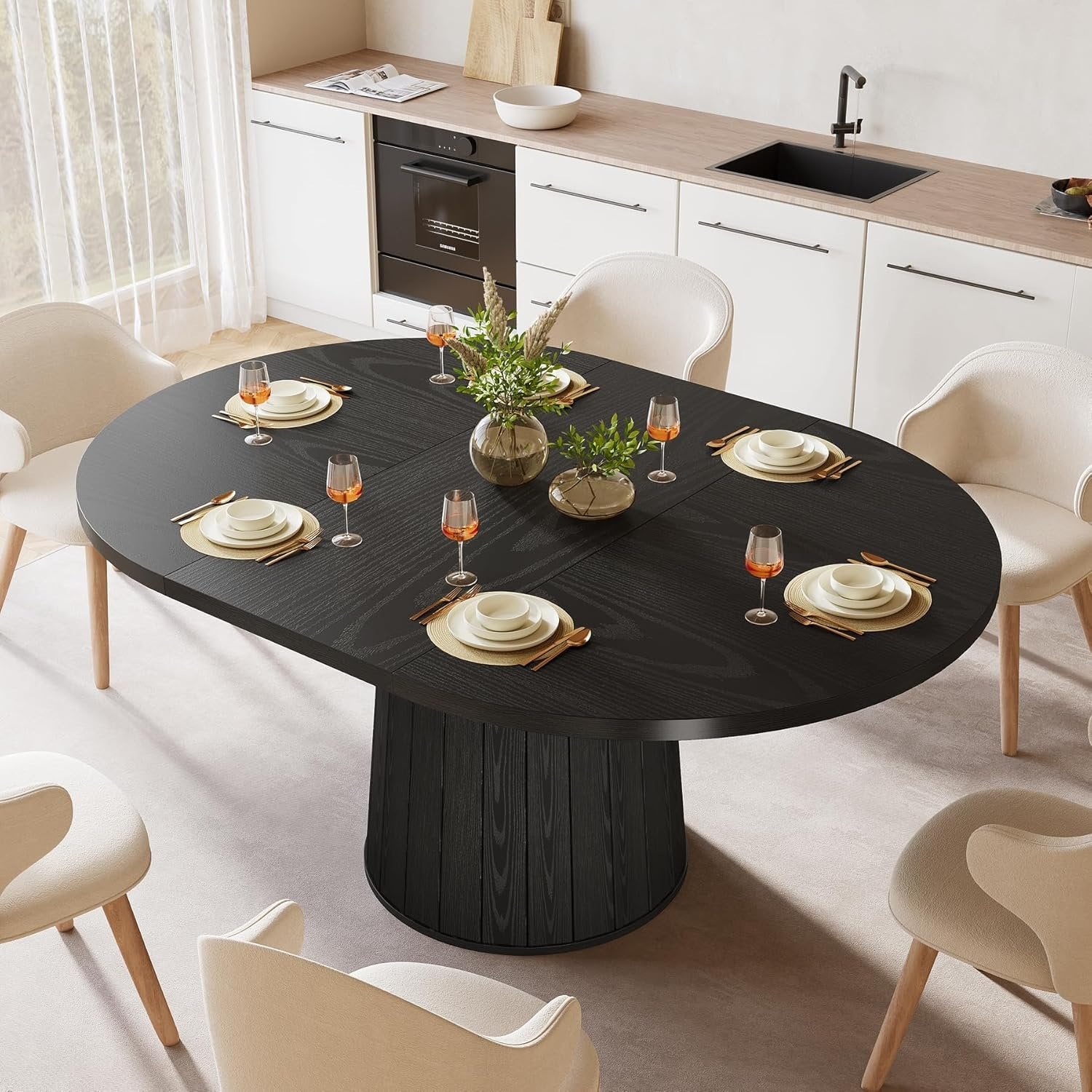 55.11" Oval Dining Table for 6 People, Farmhouse Kitchen Dinner Table with Cylindrical Pedestal