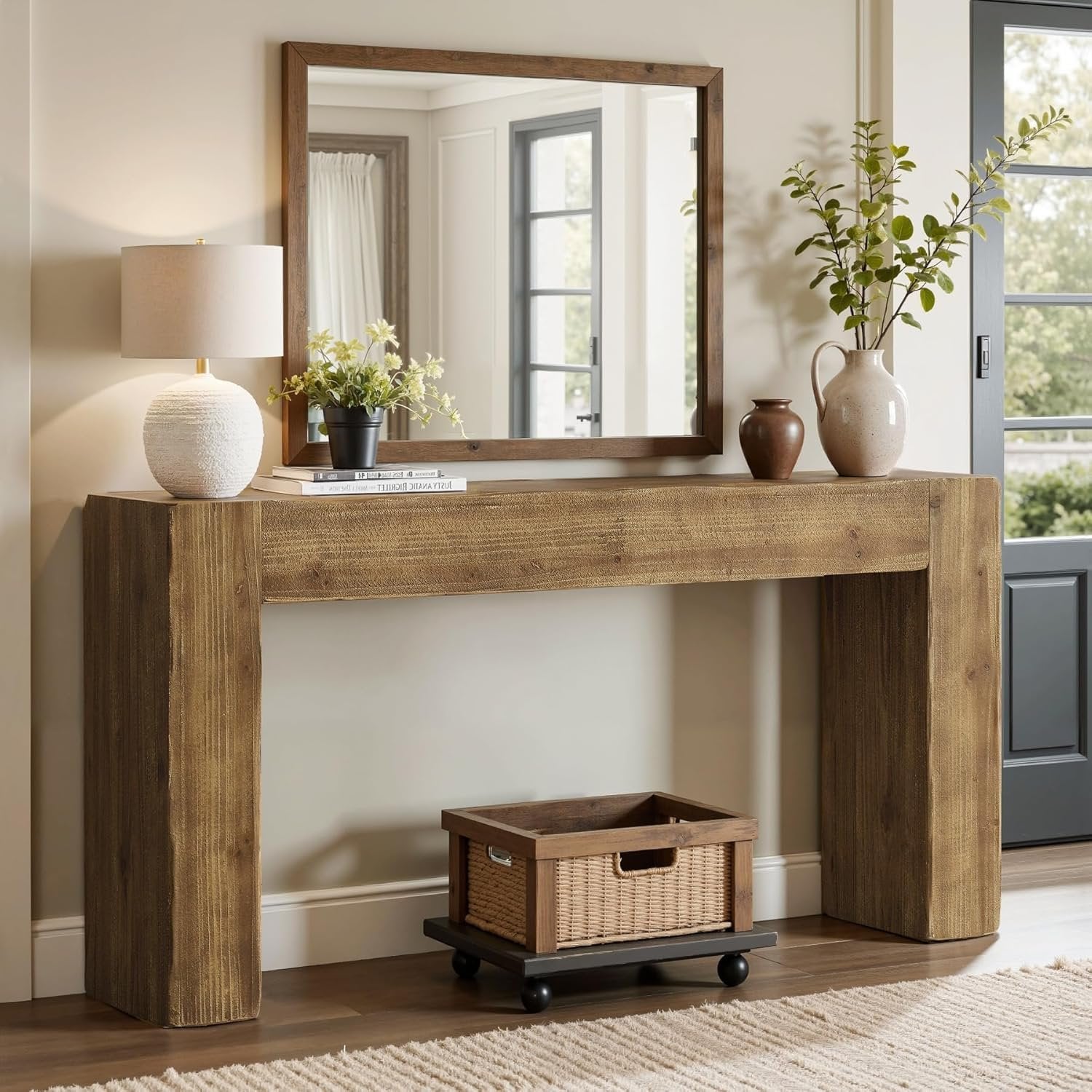 63" Solid Wood Console Table, Farmhouse Entryway Sofa Table for Living Room and Hallway