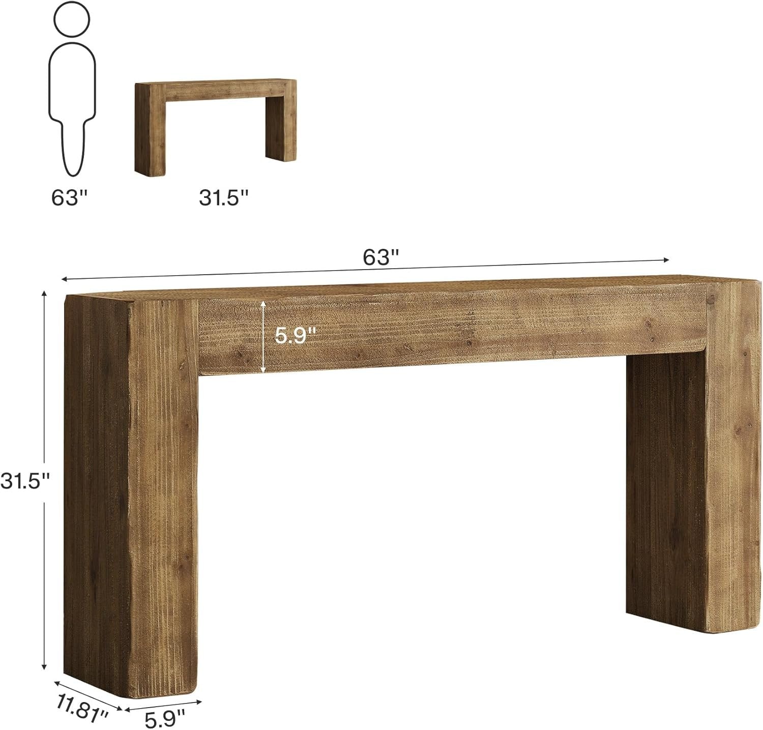 63" Solid Wood Console Table, Farmhouse Entryway Sofa Table for Living Room and Hallway