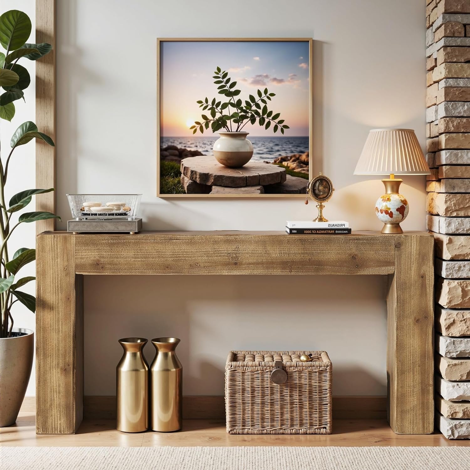 63" Solid Wood Console Table, Farmhouse Entryway Sofa Table for Living Room and Hallway