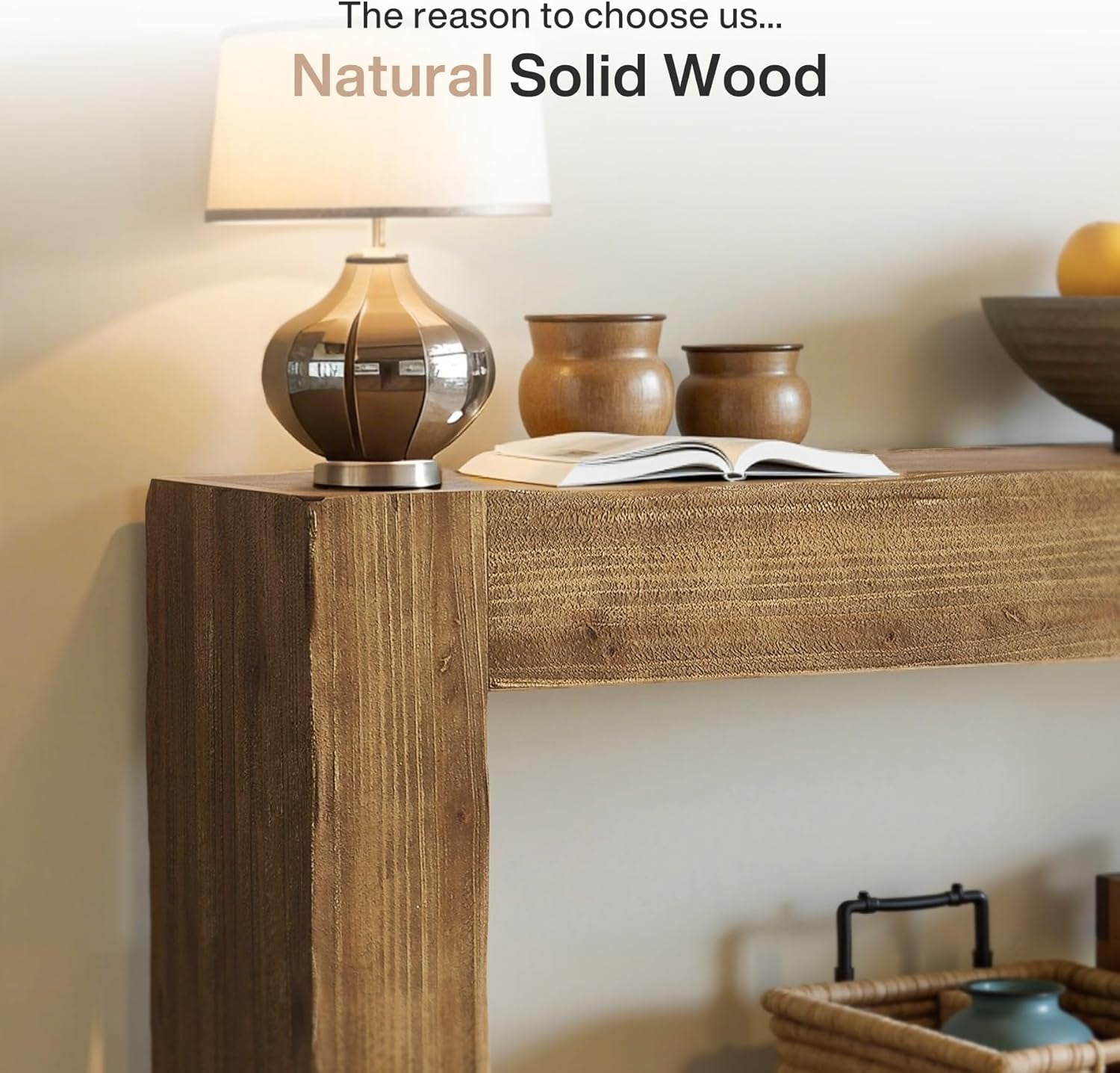 63" Solid Wood Console Table, Farmhouse Entryway Sofa Table for Living Room and Hallway