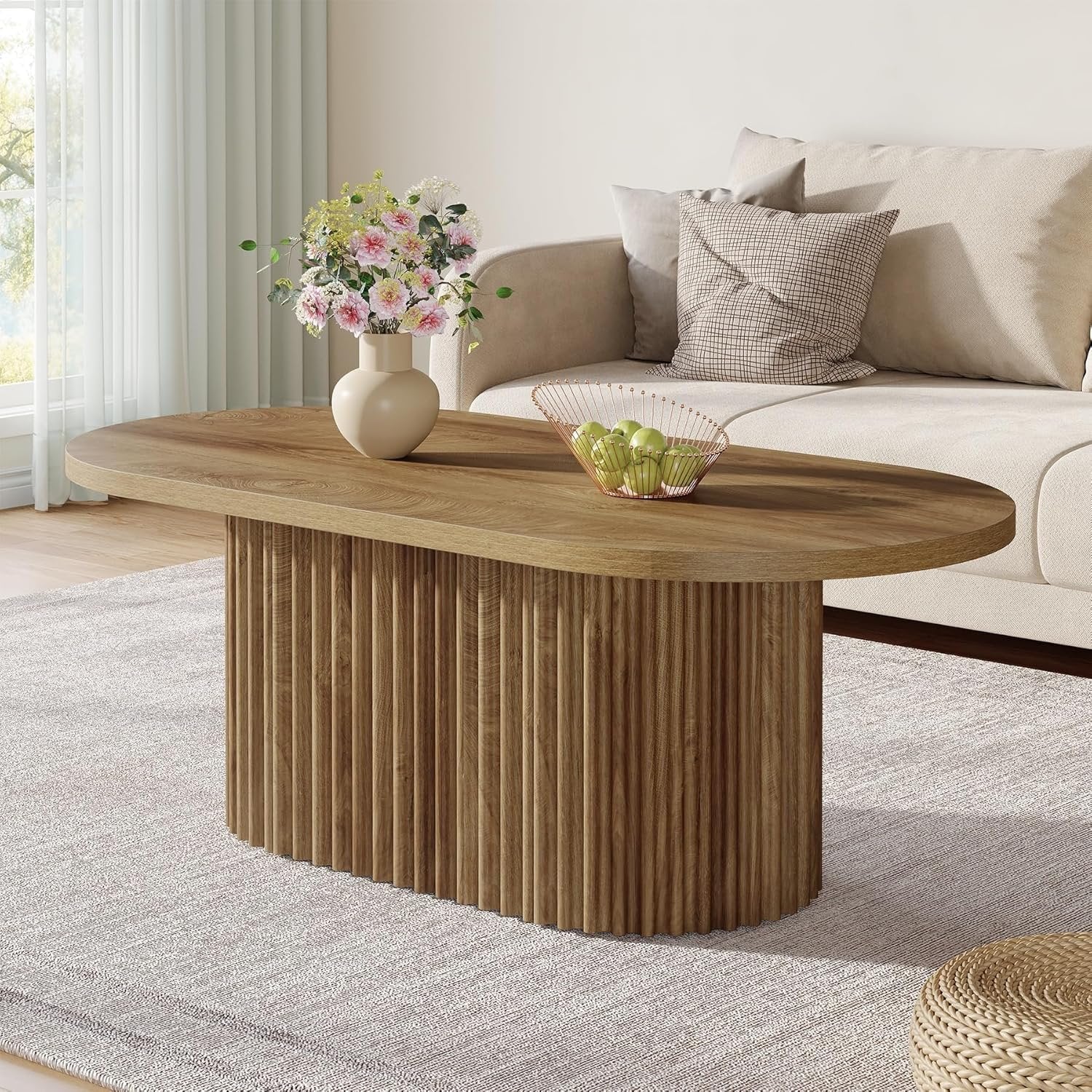 47.2" Oval Coffee Table, Farmhouse Wooden Center Table with Fluted Design for Living Room