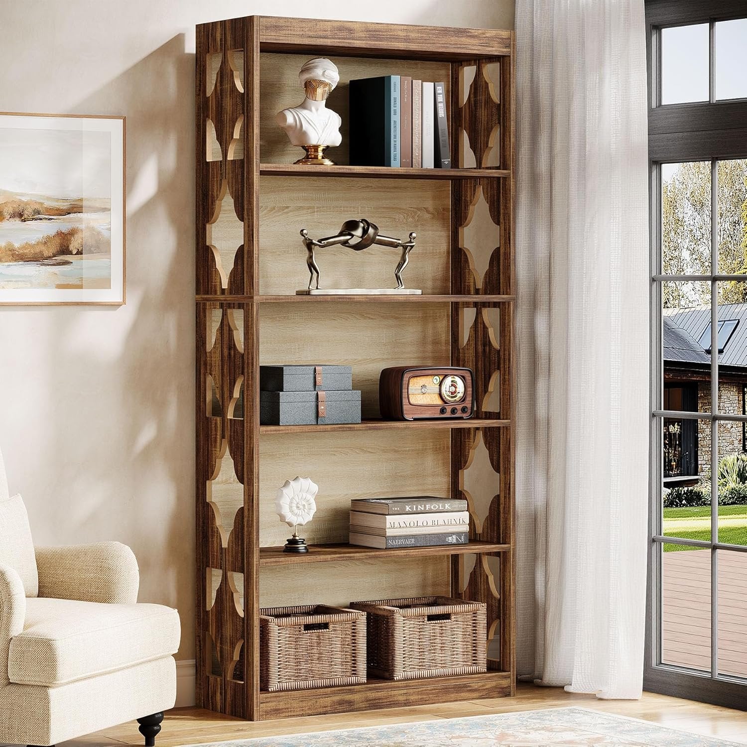6-Tier Bookshelf, 70" Wood Bookcase with Storage Shelves
