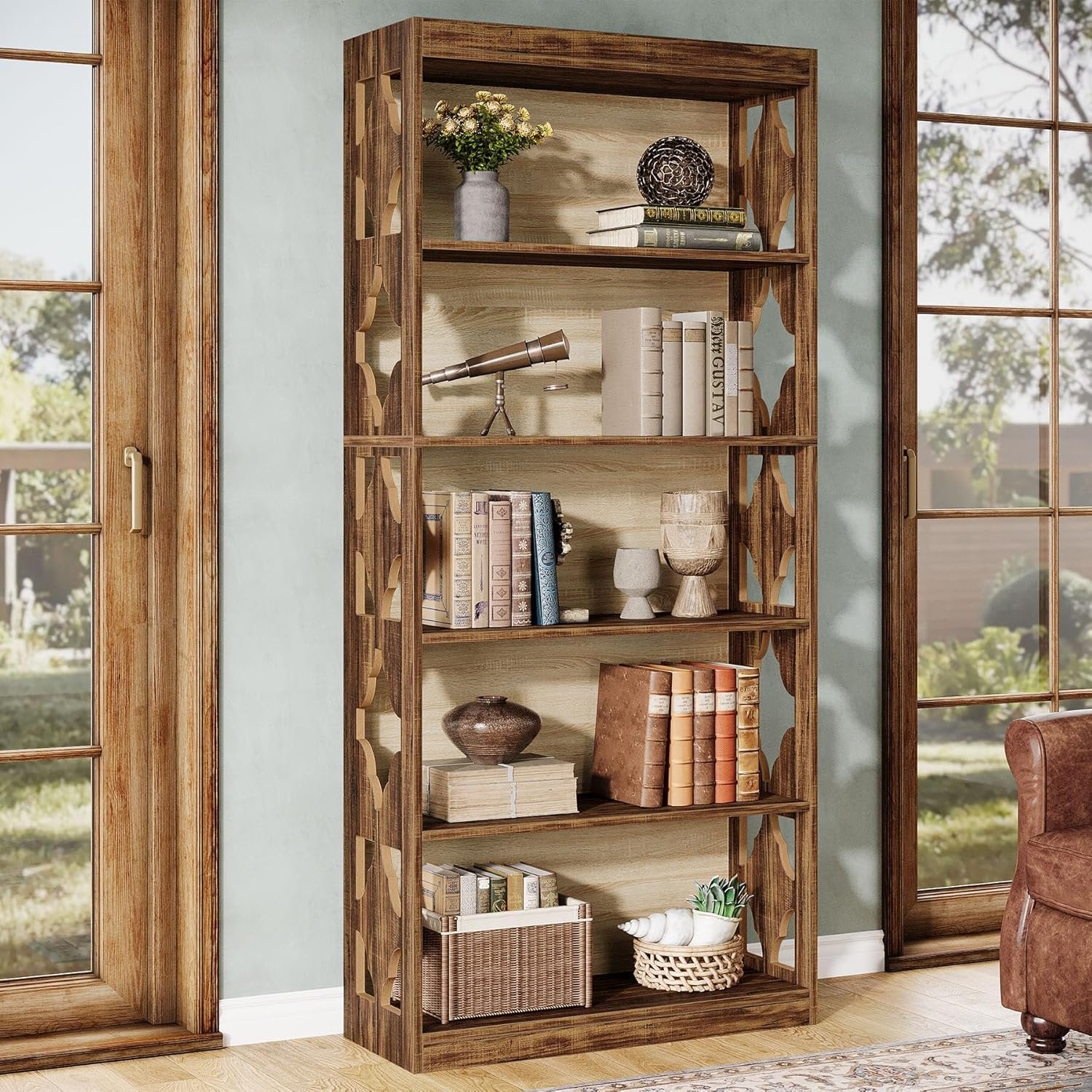 6-Tier Bookshelf, 70" Wood Bookcase with Storage Shelves