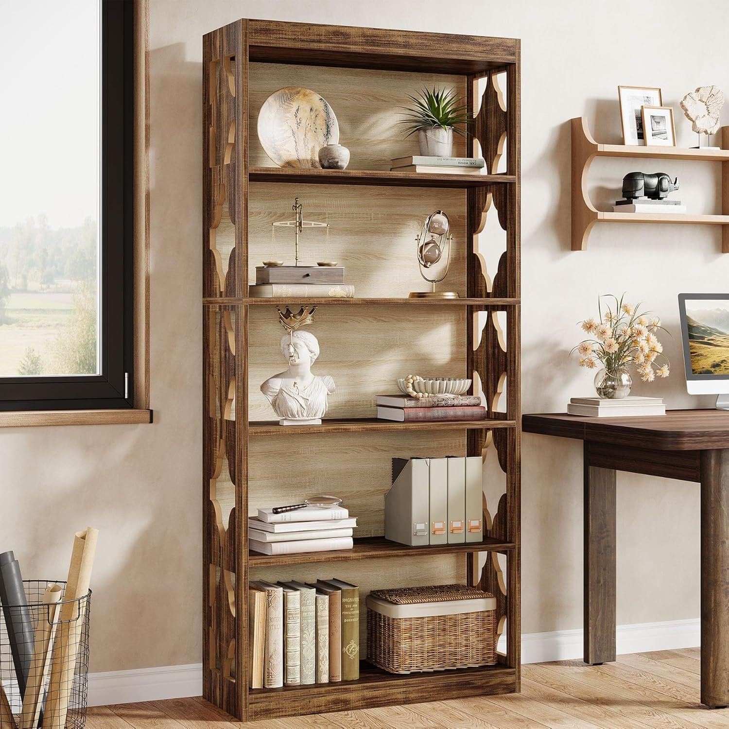 6-Tier Bookshelf, 70" Wood Bookcase with Storage Shelves