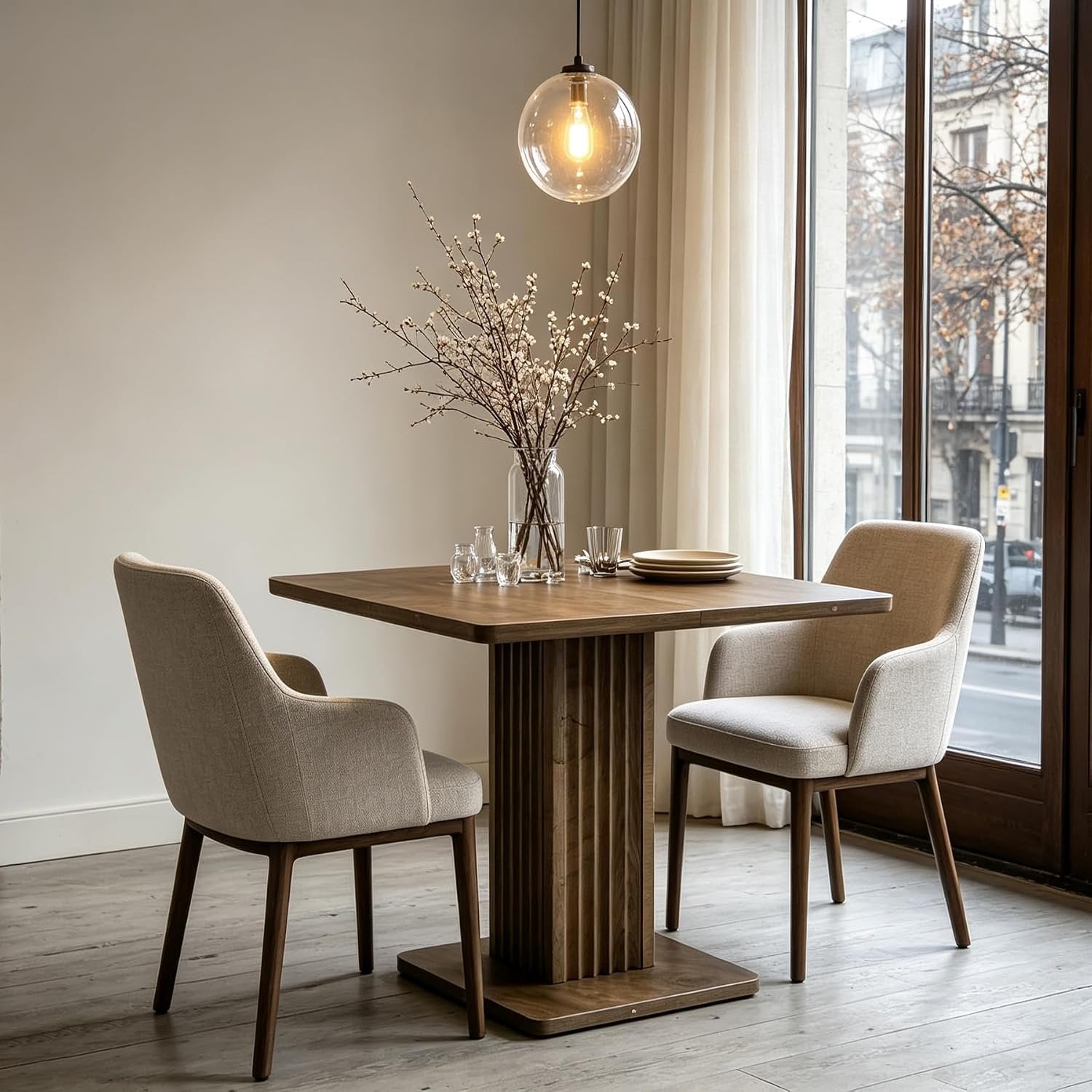 90cm Small Dining Table with Fluted Pedestal Base, Modern Farmhouse Kitchen Table for 2-4 People