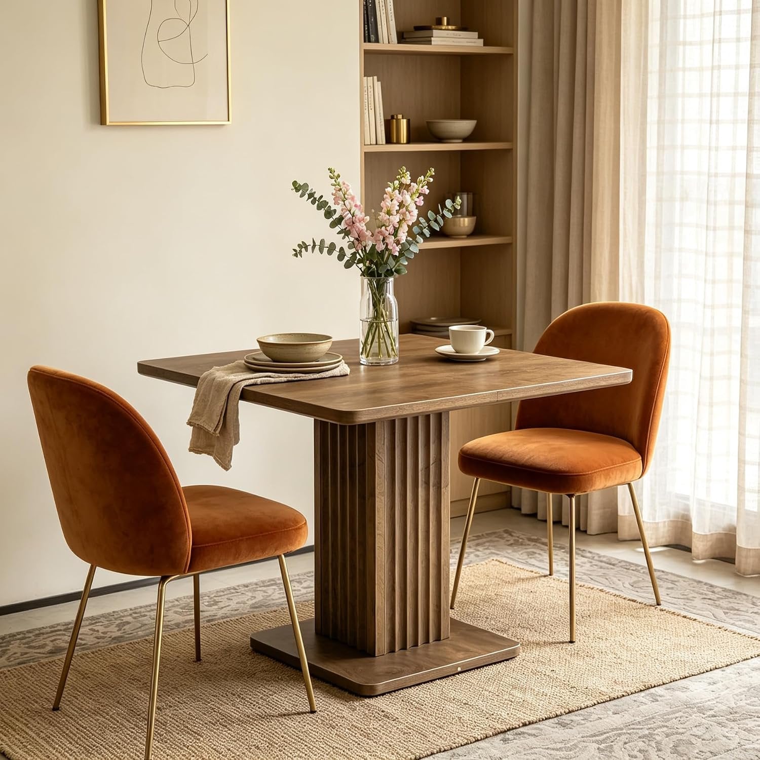 90cm Small Dining Table with Fluted Pedestal Base, Modern Farmhouse Kitchen Table for 2-4 People