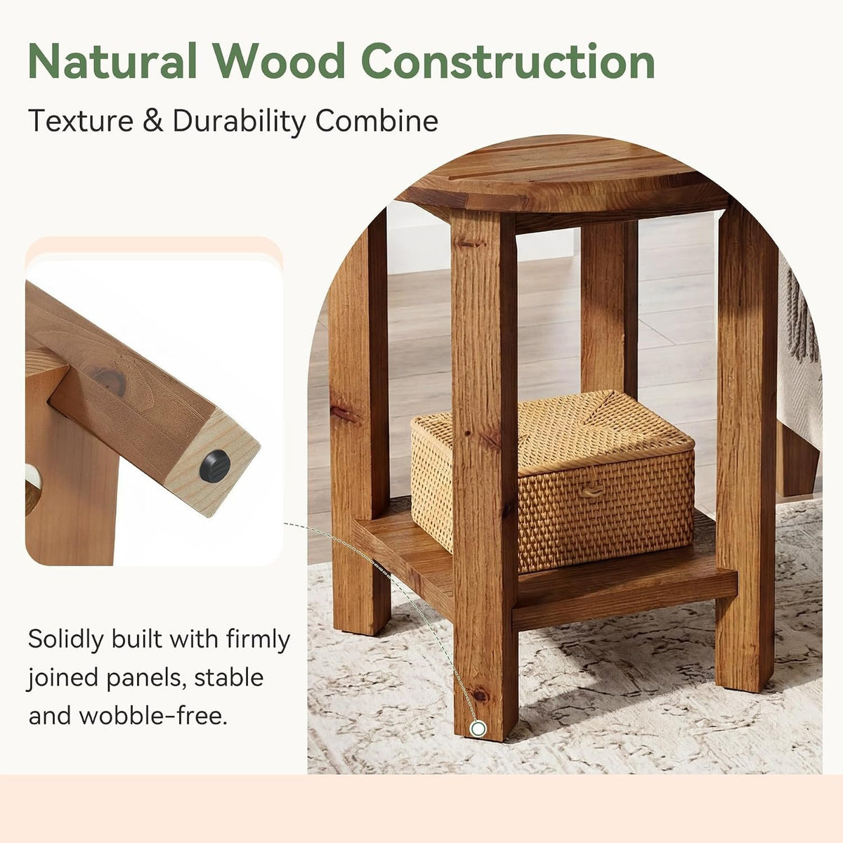 50cm Round Bedside Table, 2-Tier Wooden Nightstand for Bedroom
