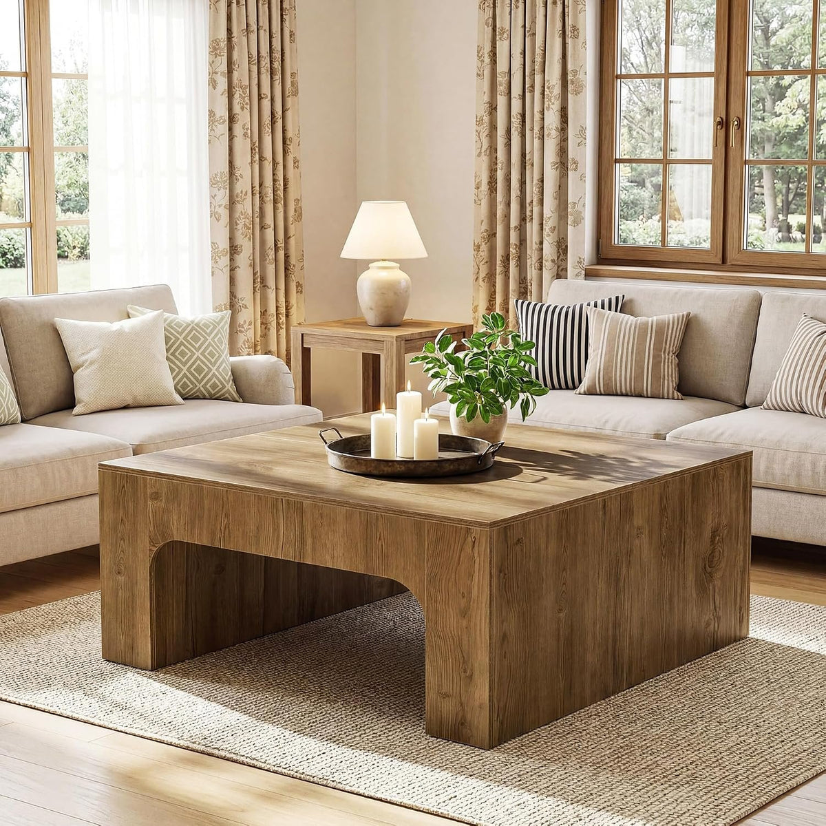100cm Square Coffee Table, Rustic Curved Wooden Sofa Table