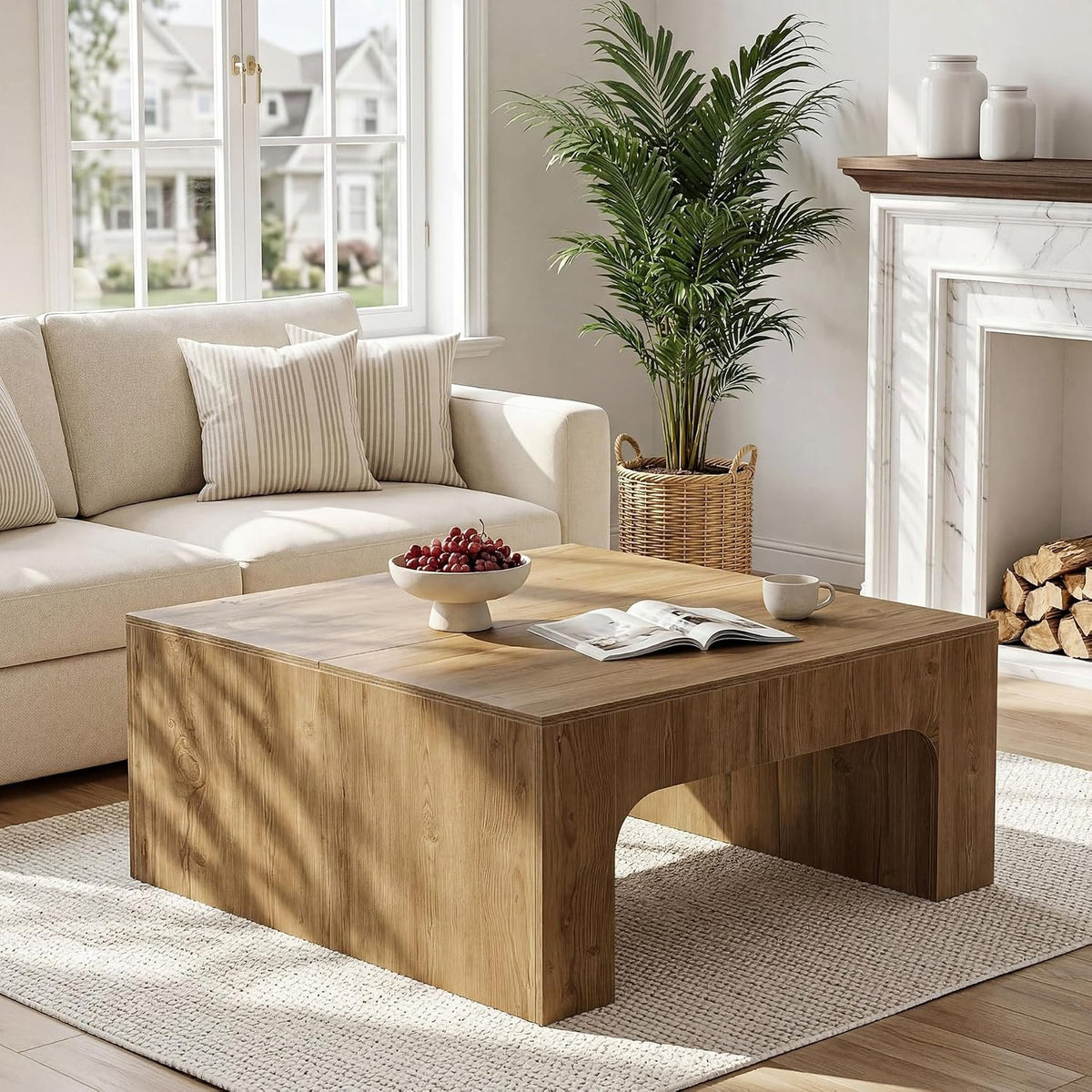 100cm Square Coffee Table, Rustic Curved Wooden Sofa Table