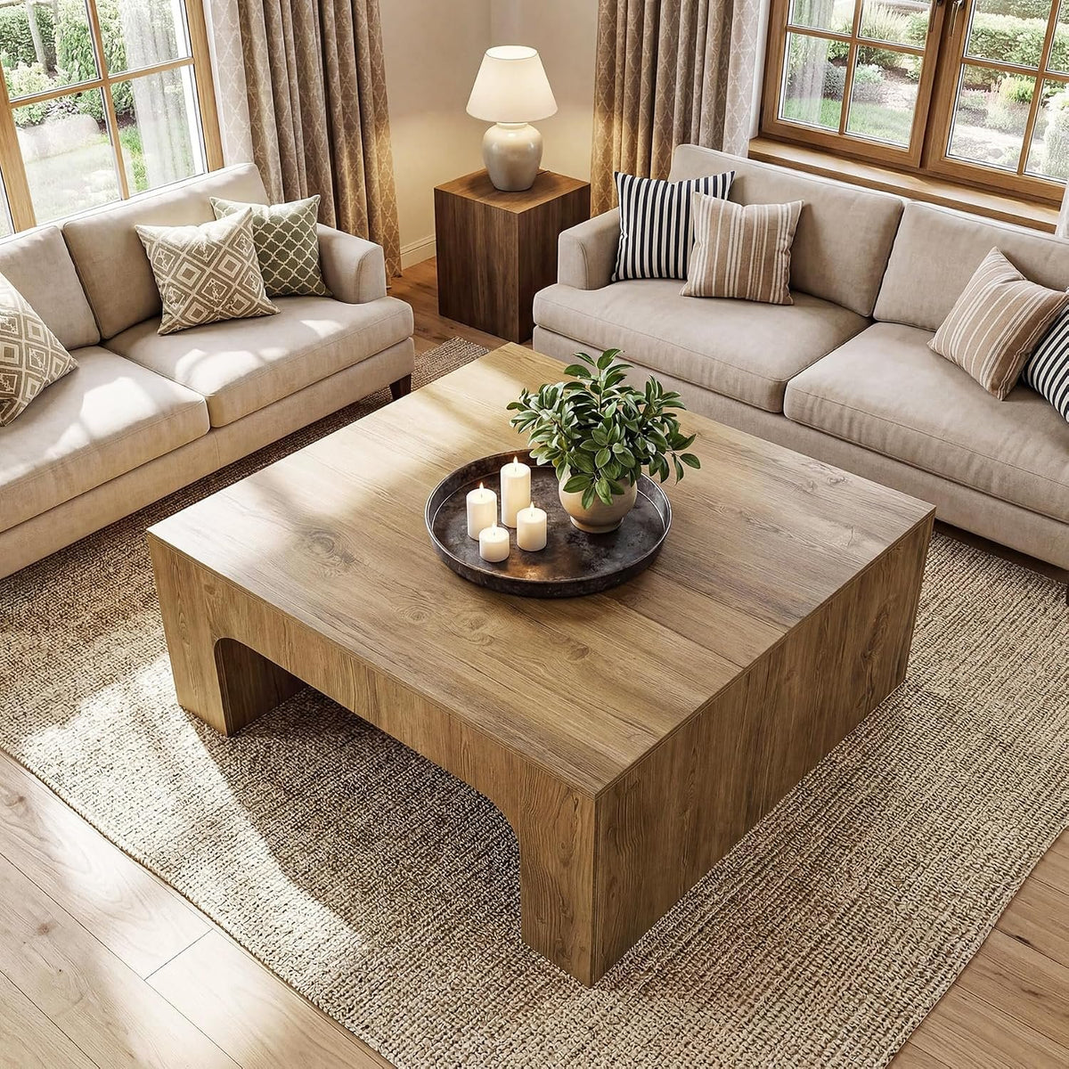 100cm Square Coffee Table, Rustic Curved Wooden Sofa Table