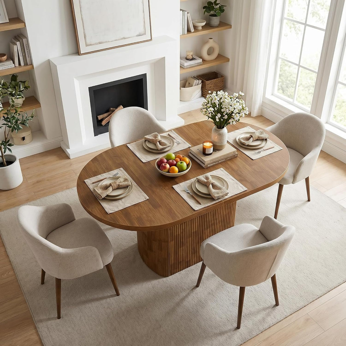 120cm Oval Dining Table, Rustic Wood Meeting Table for 4 with Polygonal Base
