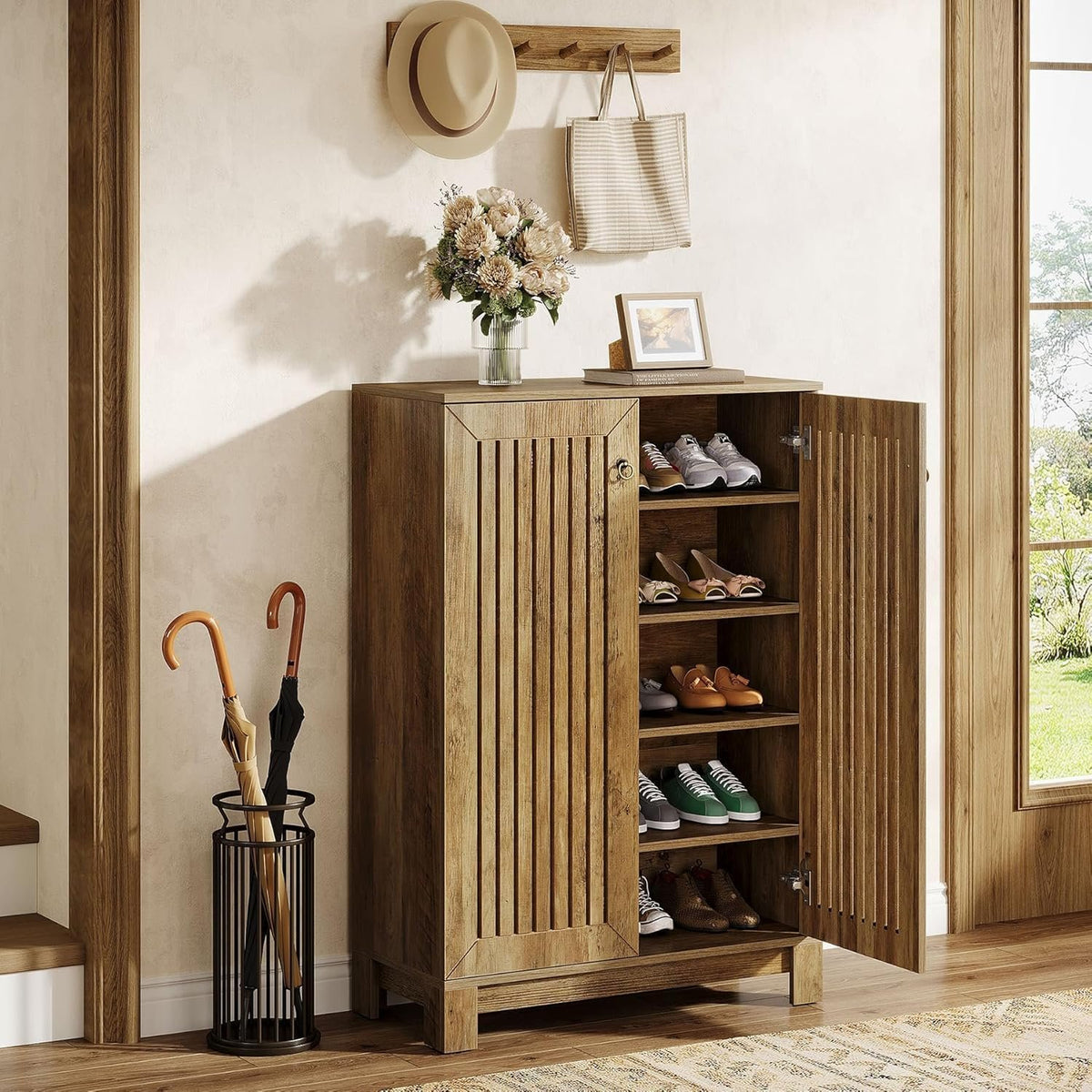 110cm Shoe Cabinet, 5-Tier Rustic Wooden Storage with Louvre Doors for Hallway Living Room
