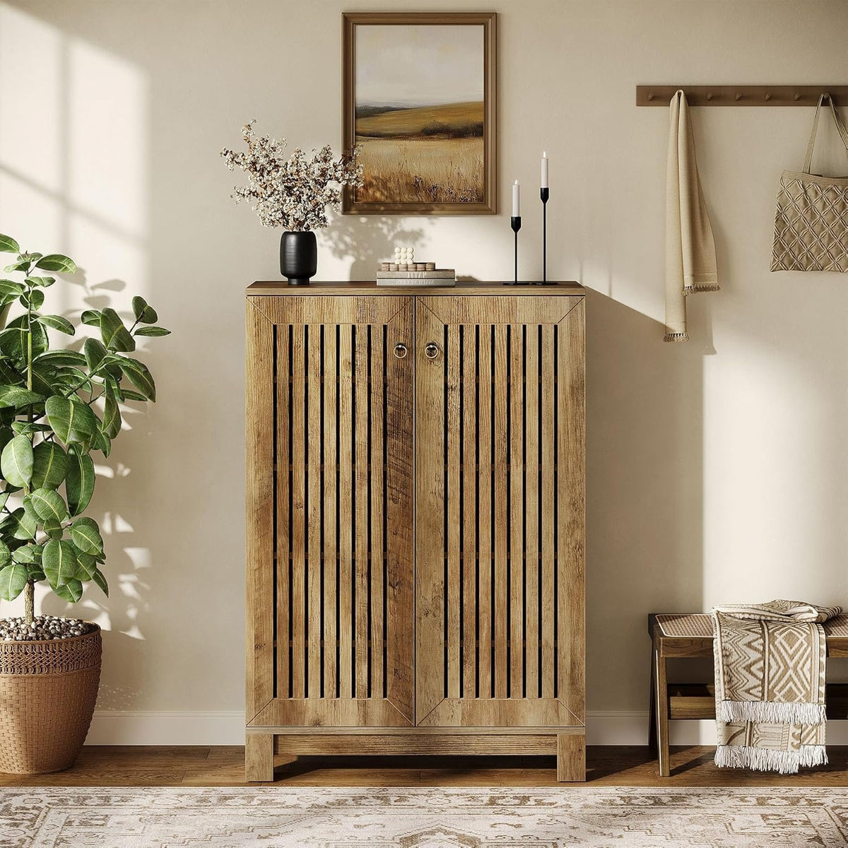 110cm Shoe Cabinet, 5-Tier Rustic Wooden Storage with Louvre Doors for Hallway Living Room
