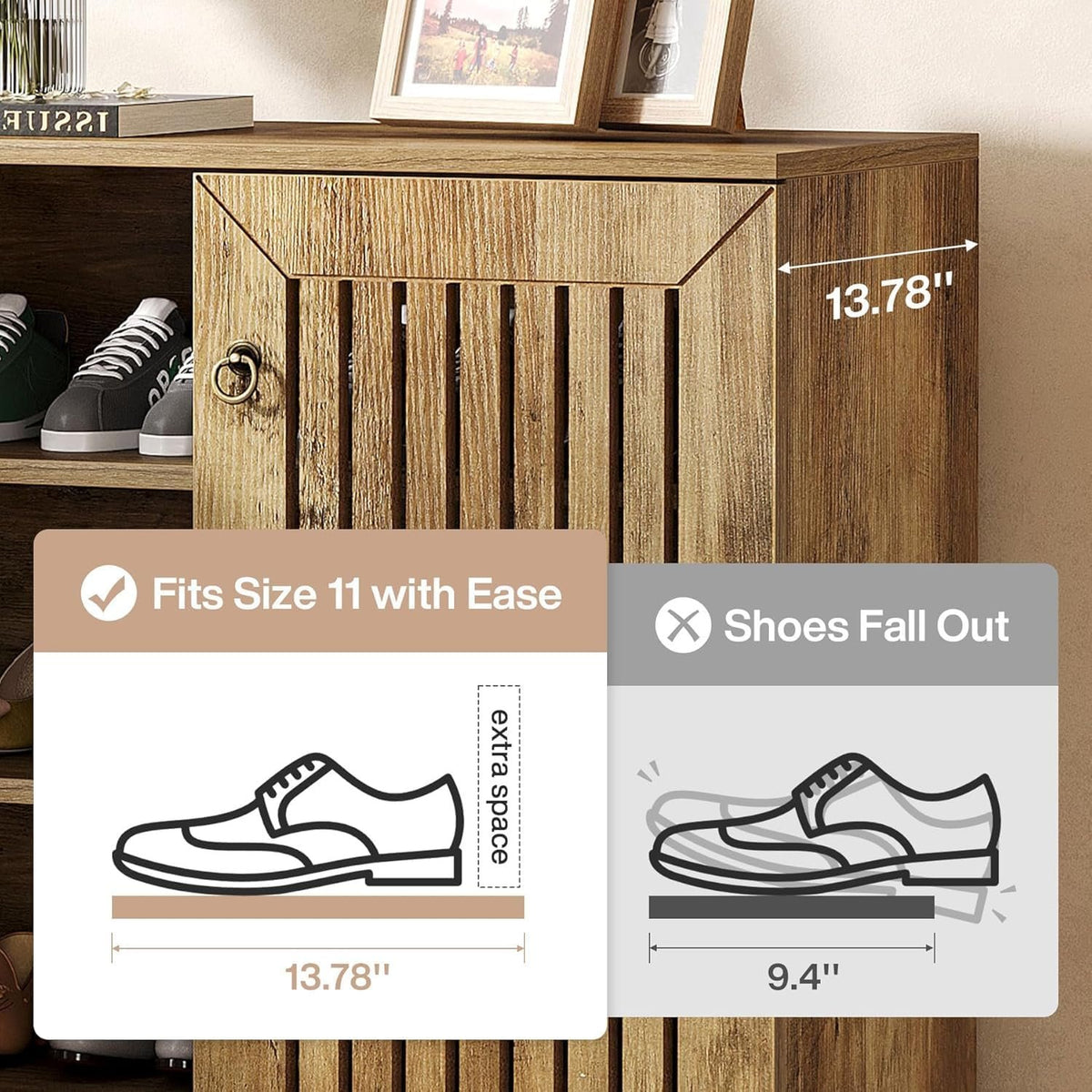 110cm Shoe Cabinet, 5-Tier Rustic Wooden Storage with Louvre Doors for Hallway Living Room