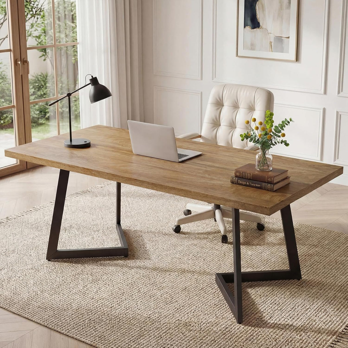 158cm Computer Desk, Industrial Office Desk with V-Shaped Metal Legs