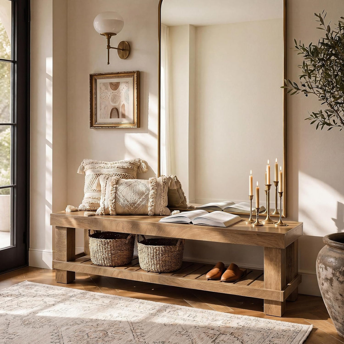 160cm Entryway Bench, Rustic Wooden Shoe Storage Bench for Hallway