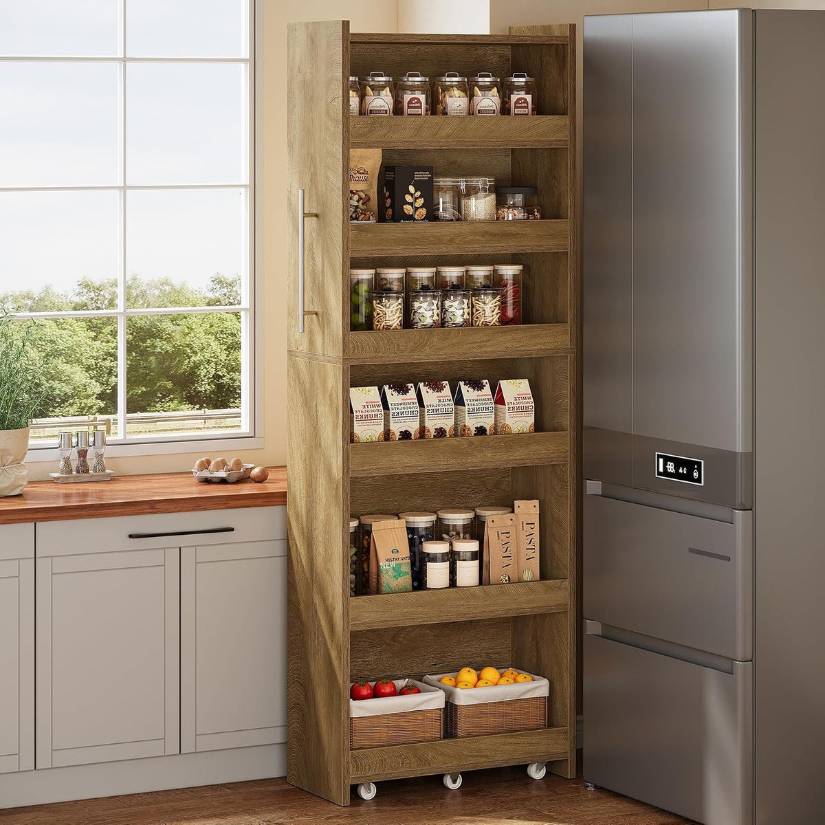 185cm Slim Storage Trolley, 6-Tier Kitchen Cabinet on Wheels