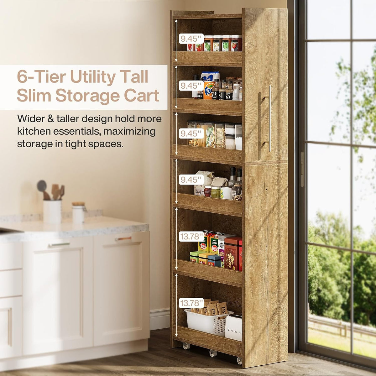 185cm Slim Storage Trolley, 6-Tier Kitchen Cabinet on Wheels