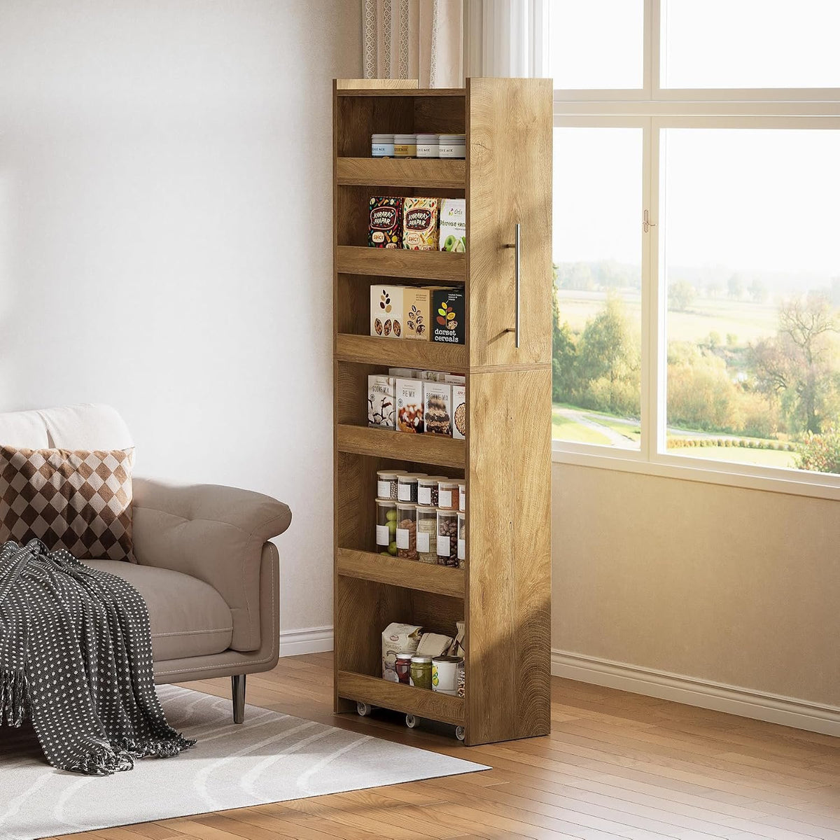 185cm Slim Storage Trolley, 6-Tier Kitchen Cabinet on Wheels