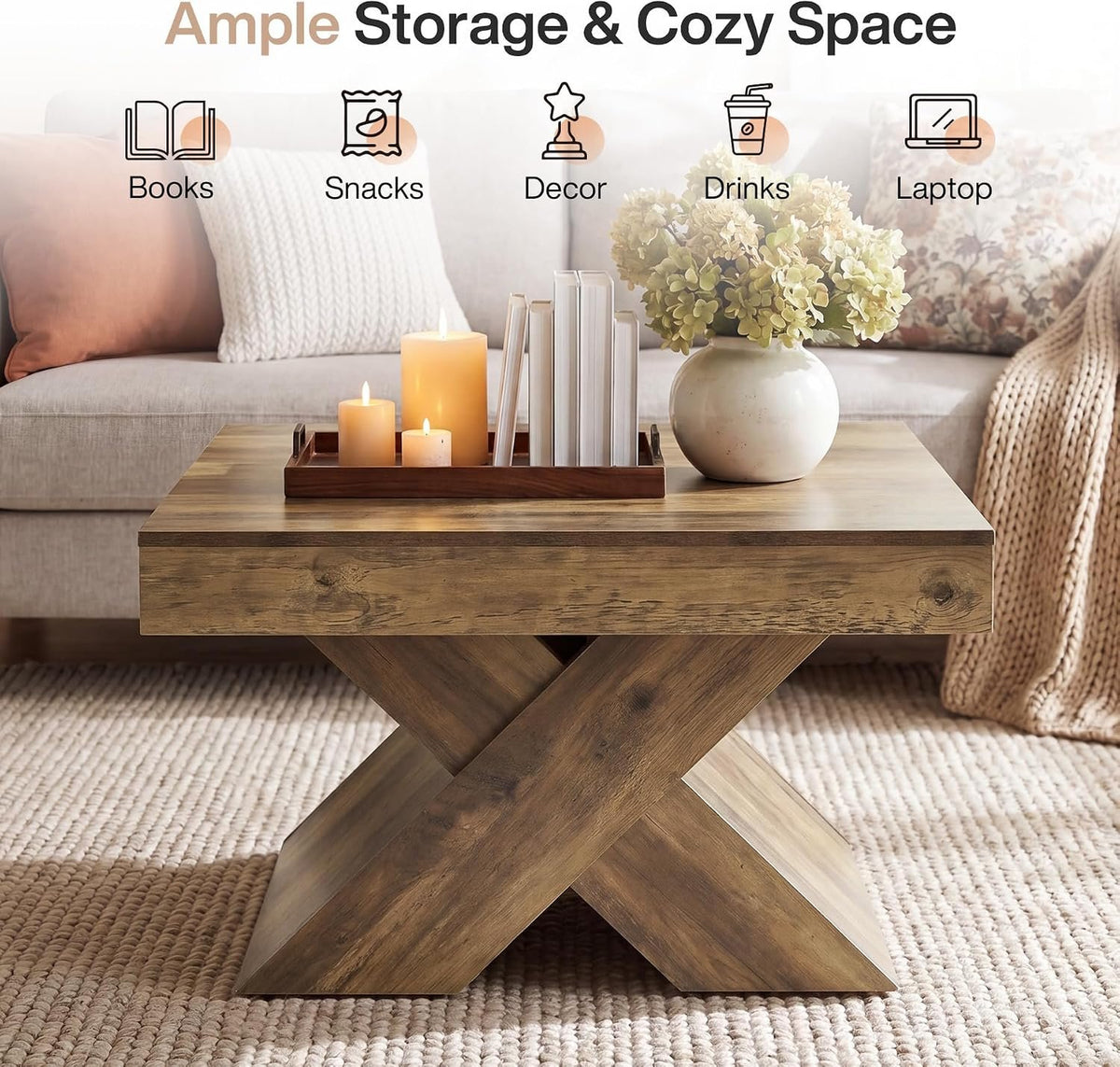 80cm Square Coffee Table, Farmhouse Wooden X-Legs for Living Room