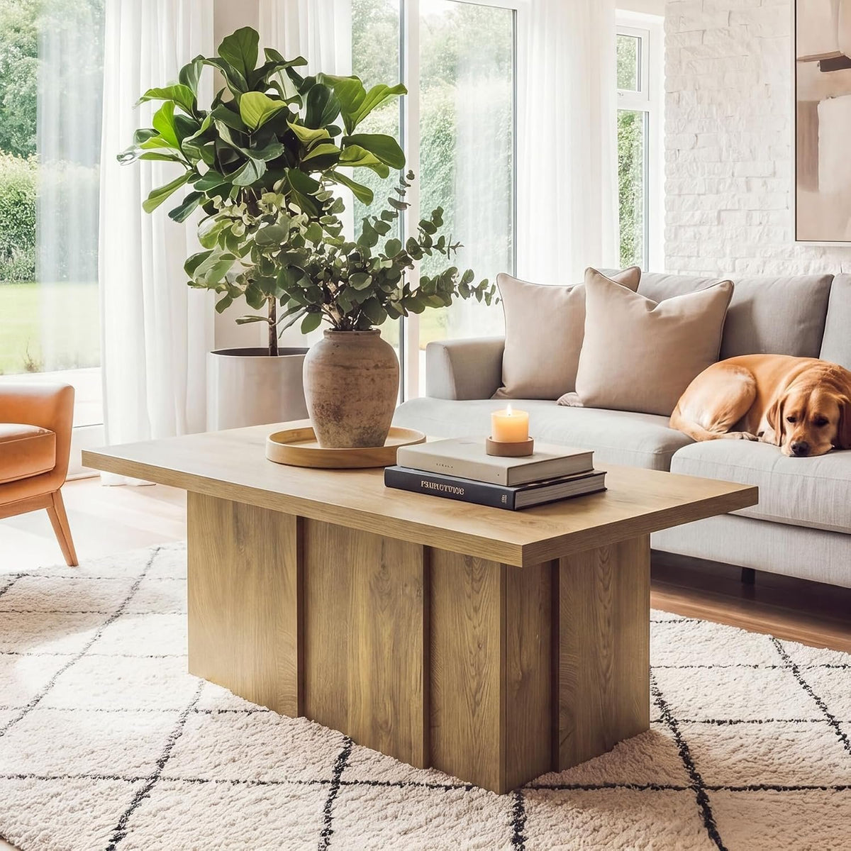 120cm Rectangular Coffee Table, Modern Rustic Ribbed Base for Living Room