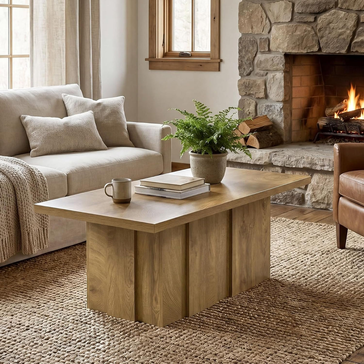 120cm Rectangular Coffee Table, Modern Rustic Ribbed Base for Living Room
