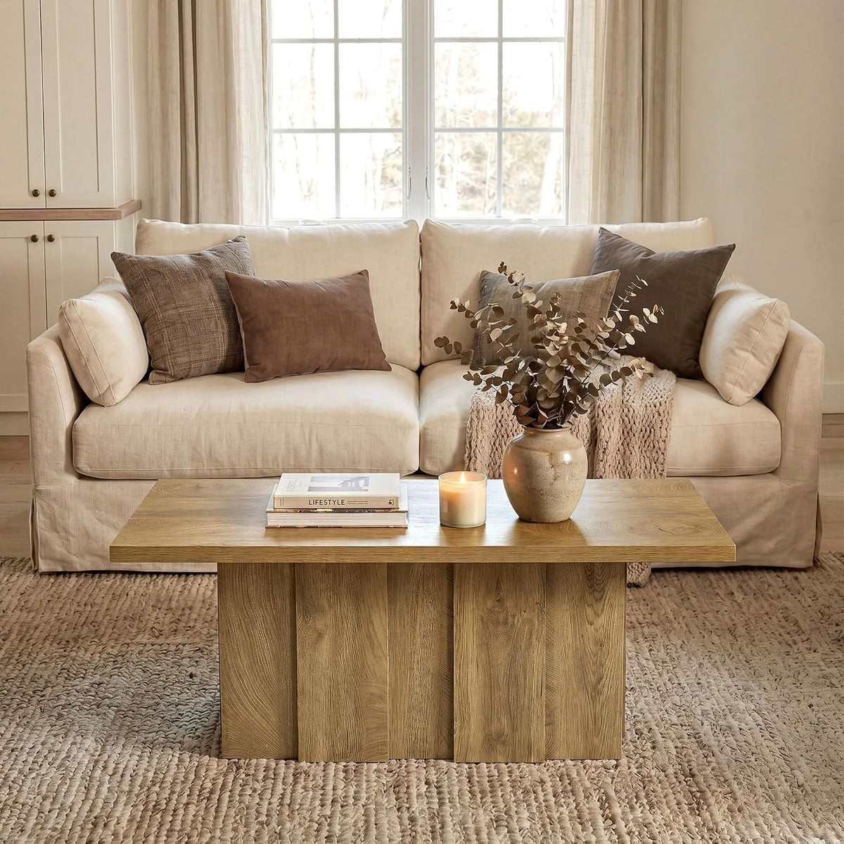 120cm Rectangular Coffee Table, Modern Rustic Ribbed Base for Living Room
