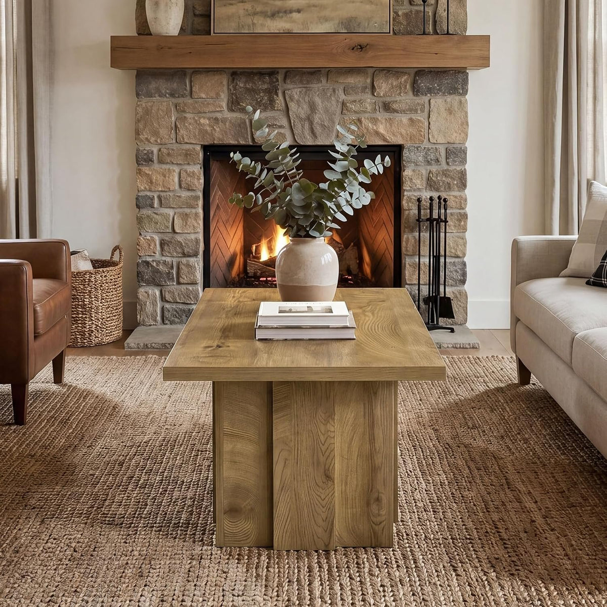 120cm Rectangular Coffee Table, Modern Rustic Ribbed Base for Living Room