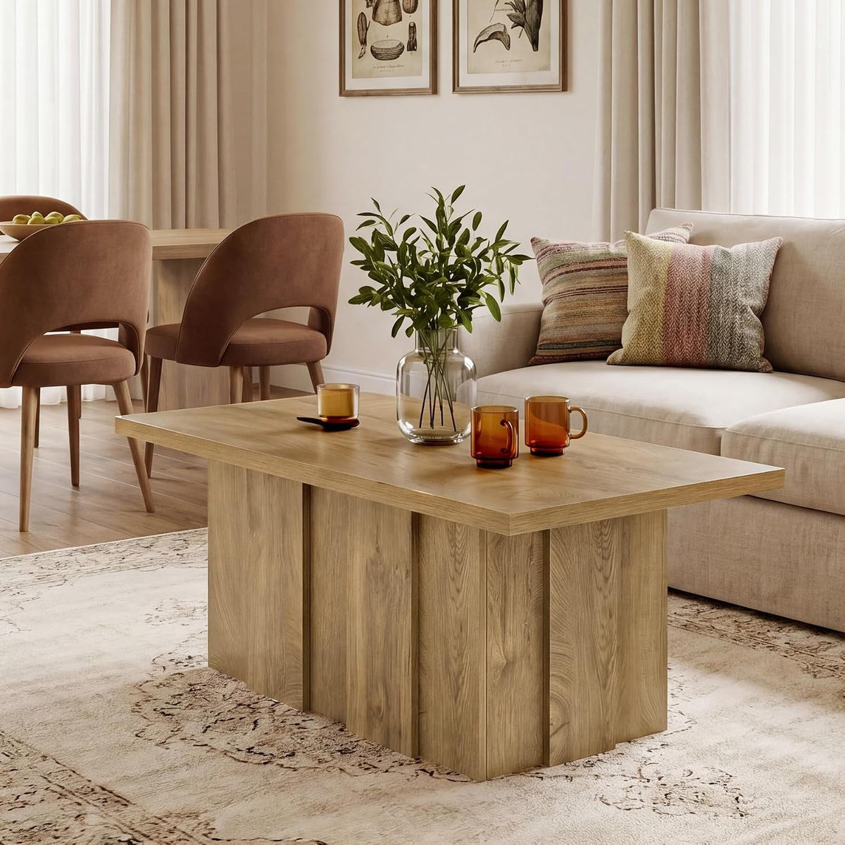 120cm Rectangular Coffee Table, Modern Rustic Ribbed Base for Living Room