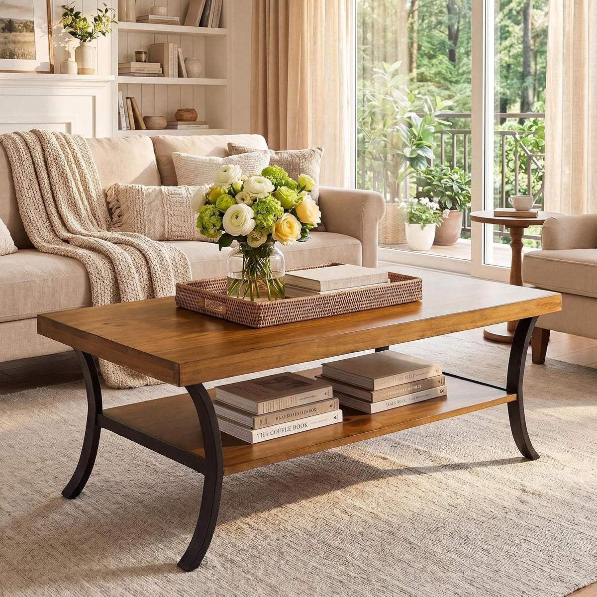 120cm Coffee Table, 2-Tier Solid Wood Farmhouse Centre Table with Storage Shelf