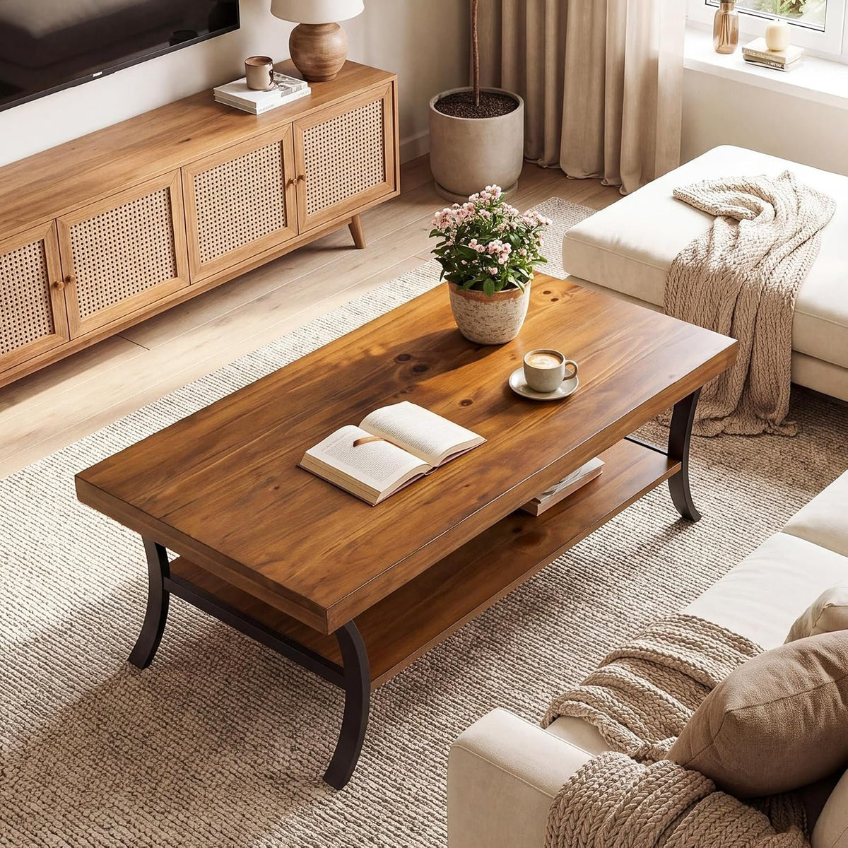 120cm Coffee Table, 2-Tier Solid Wood Farmhouse Centre Table with Storage Shelf
